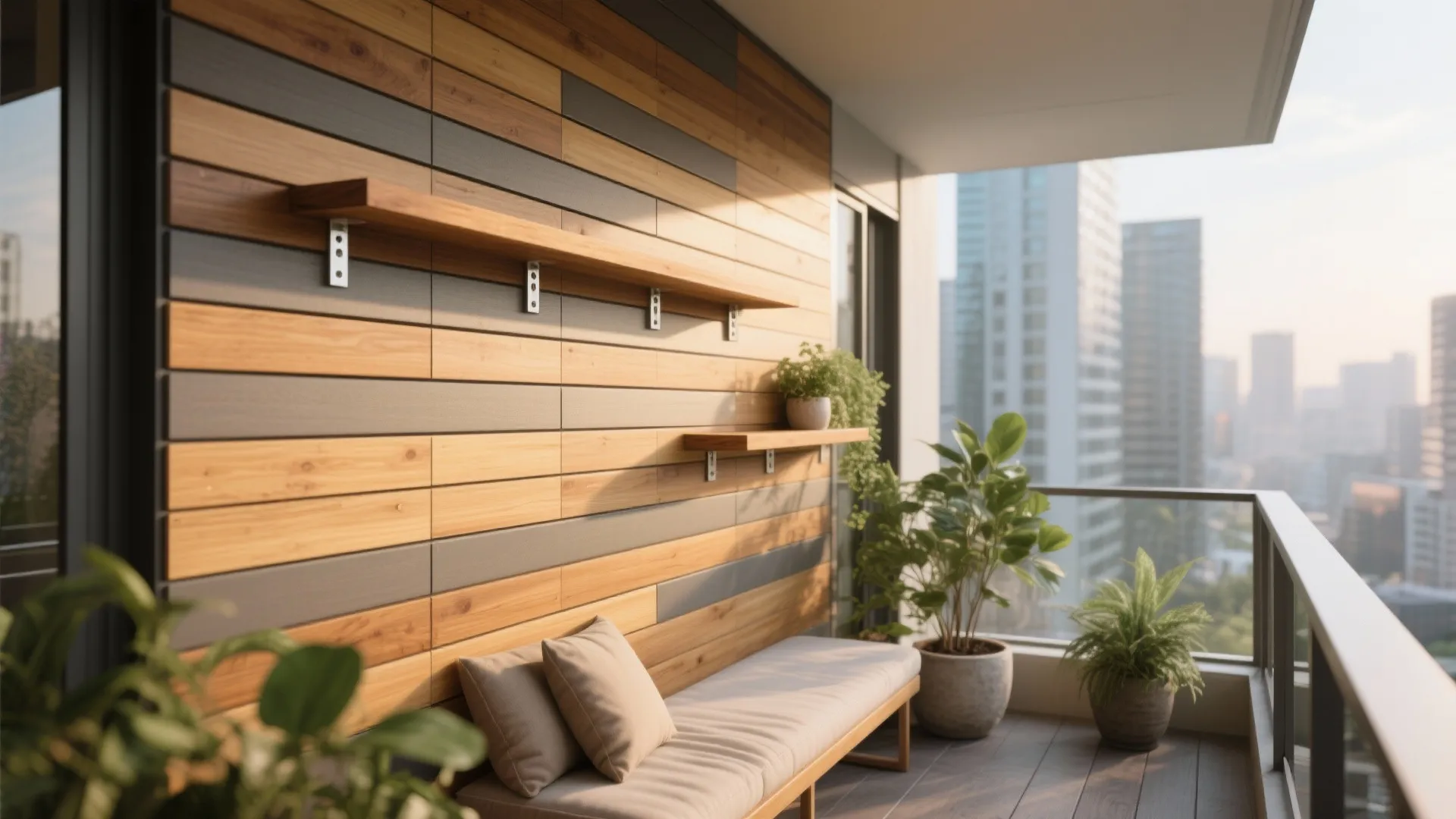 Modern balcony with wooden wall panels floating shelves beige bench green potted plants and city view