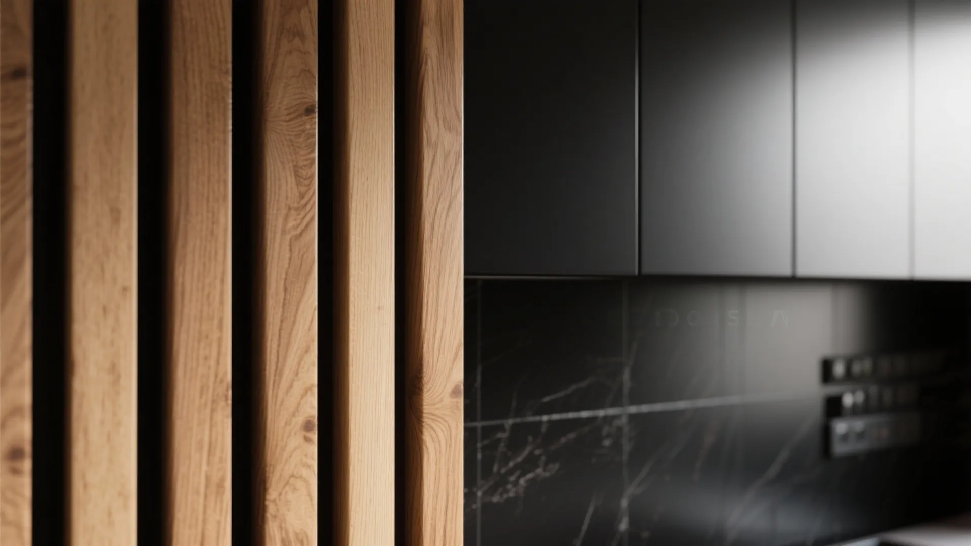 3. Vertical wood slats against a black backsplash