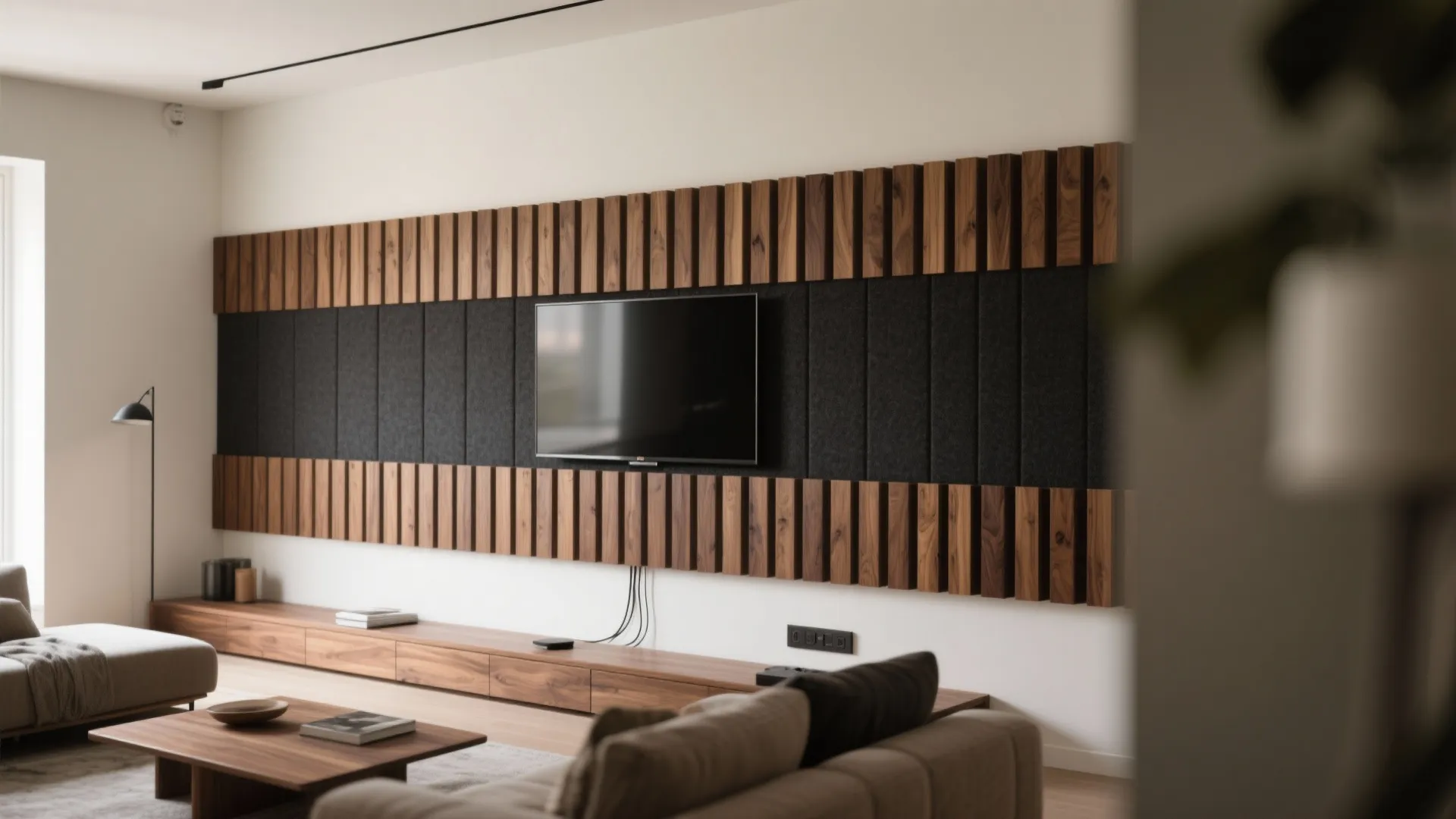 Modern living room with wood wall panel behind television floor cabinet sofa and coffee table
