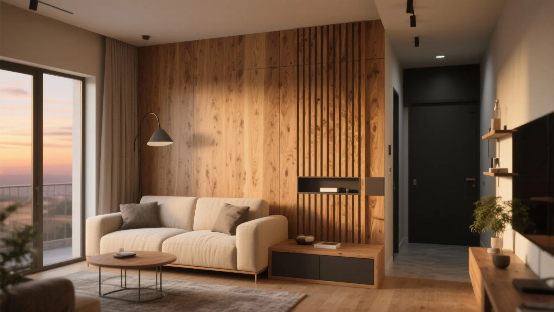Wood Veneer and Slatted Sheet Walls for Warmth and Zoning