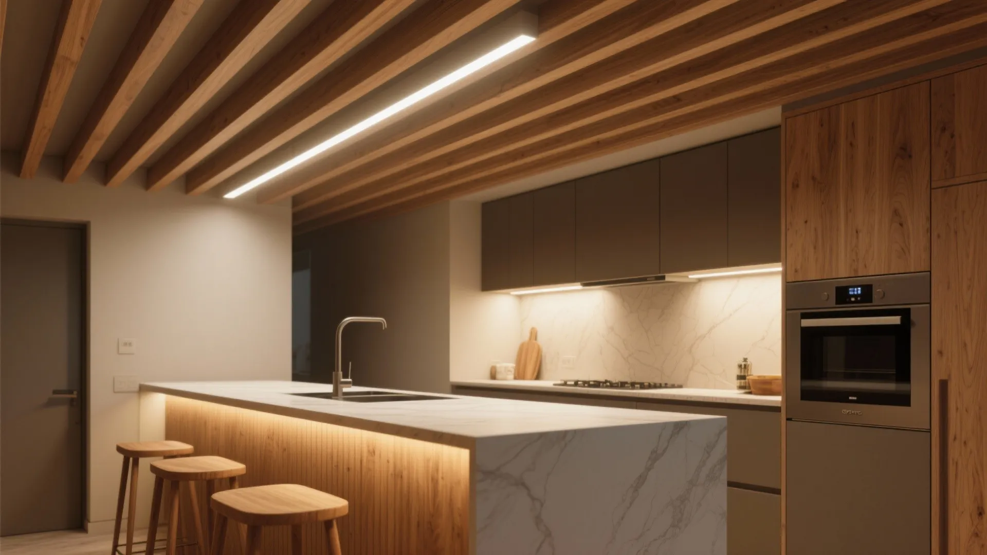 Modern kitchen with wood slat ceiling linear light marble island three wooden stools and oven