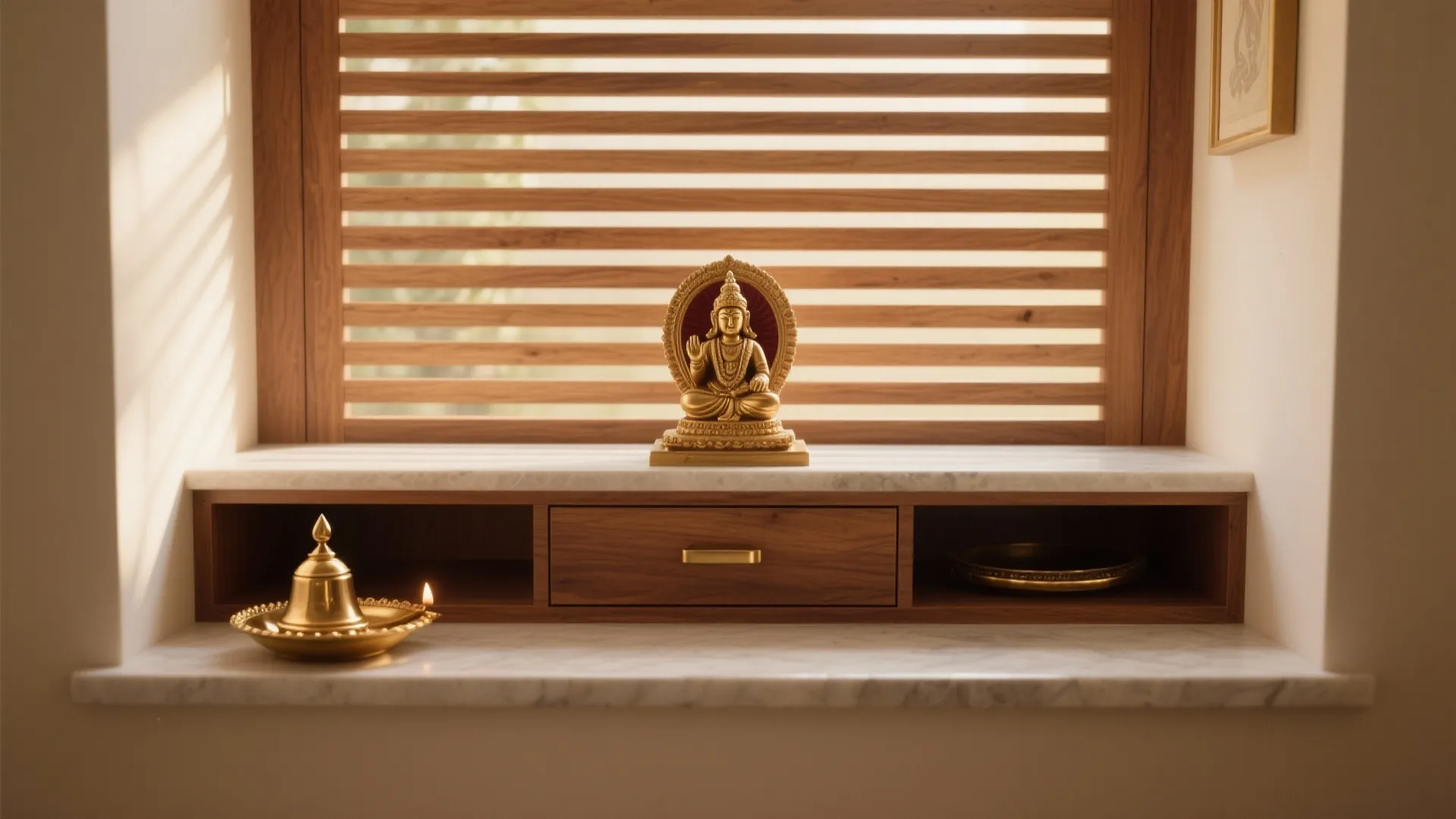 Small gold statue sits on marble shelf with wooden slats and lit oil lamp nearby