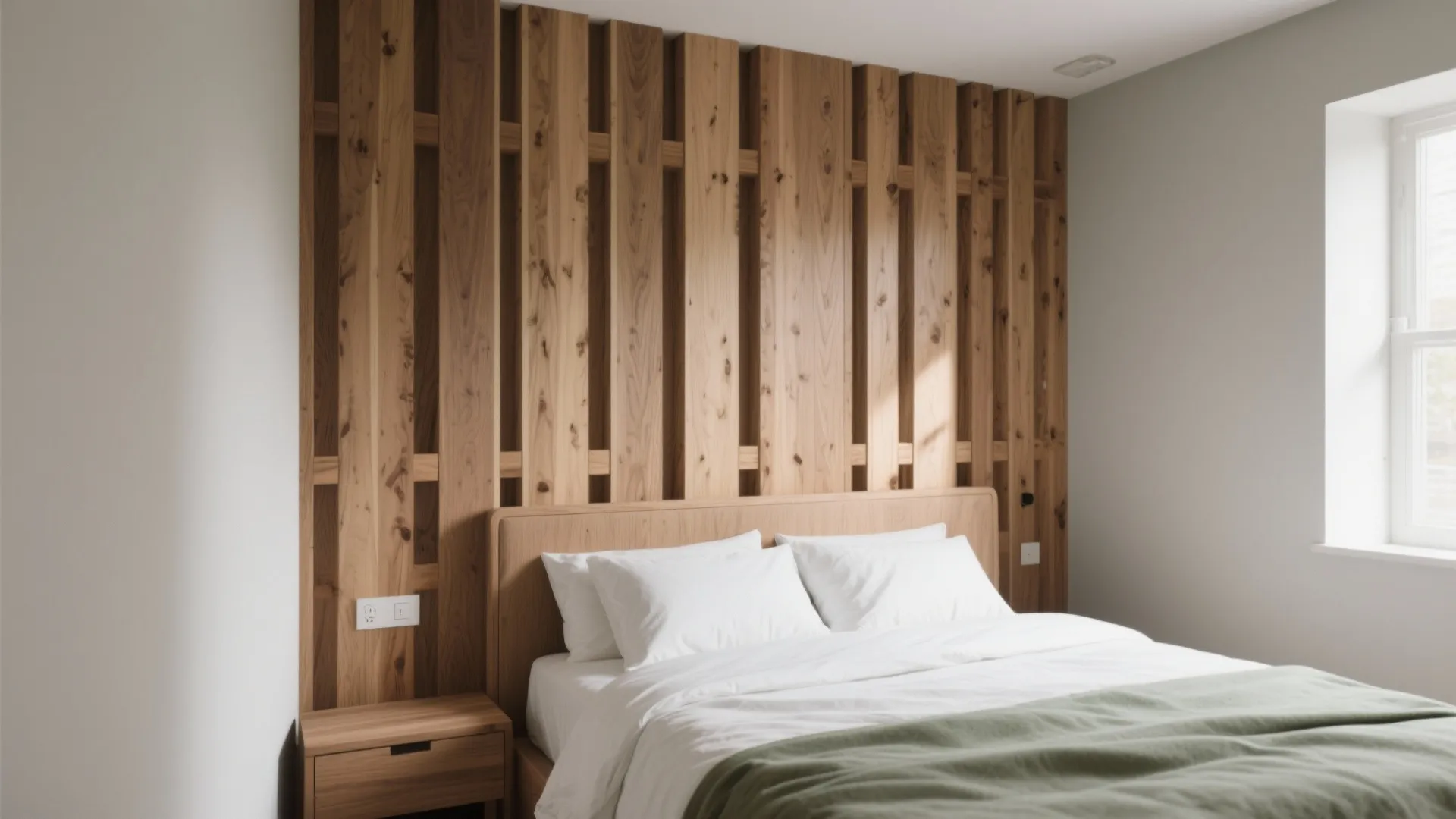 Minimalist bedroom with vertical wood wall panel behind bed white pillows and green blanket cover