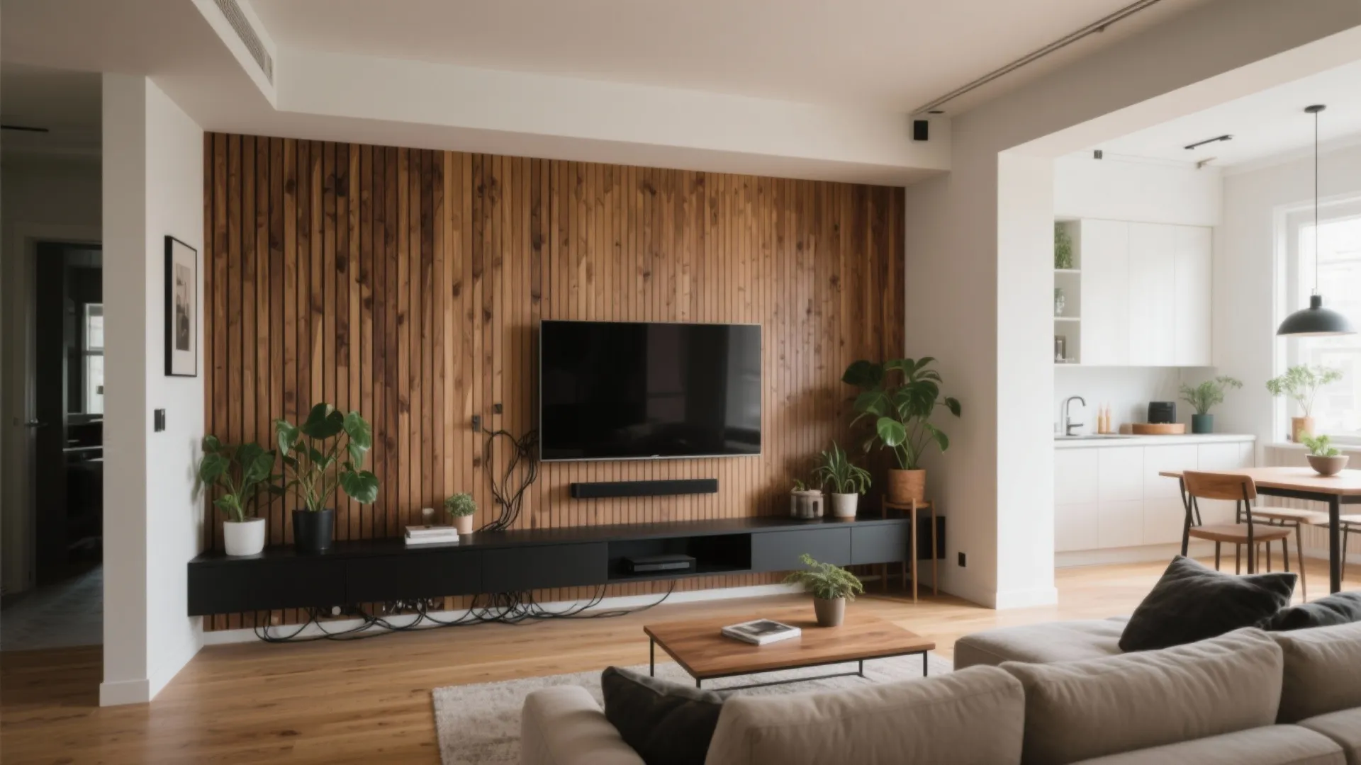 Living room featuring a vertical wood wall panel behind a television and black storage cabinet
