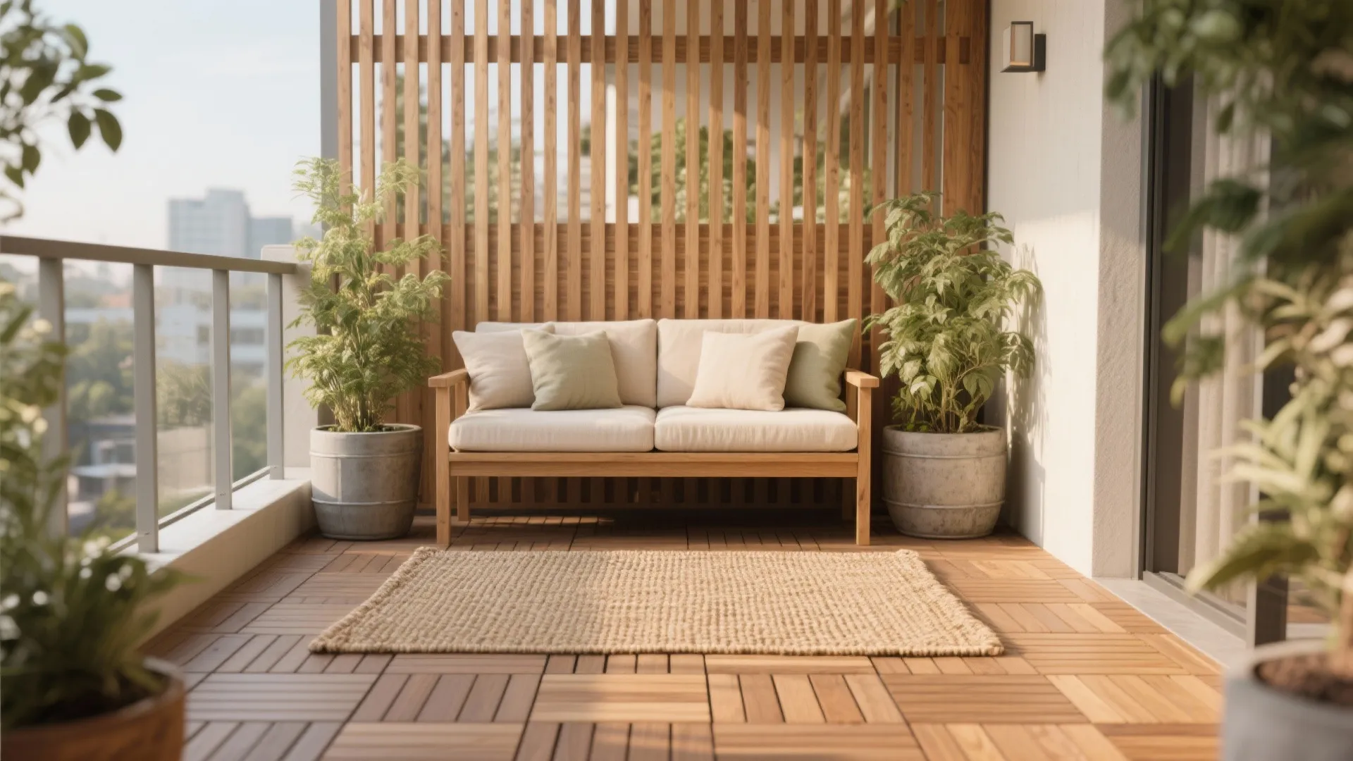 Warm wood and slatted privacy screens
