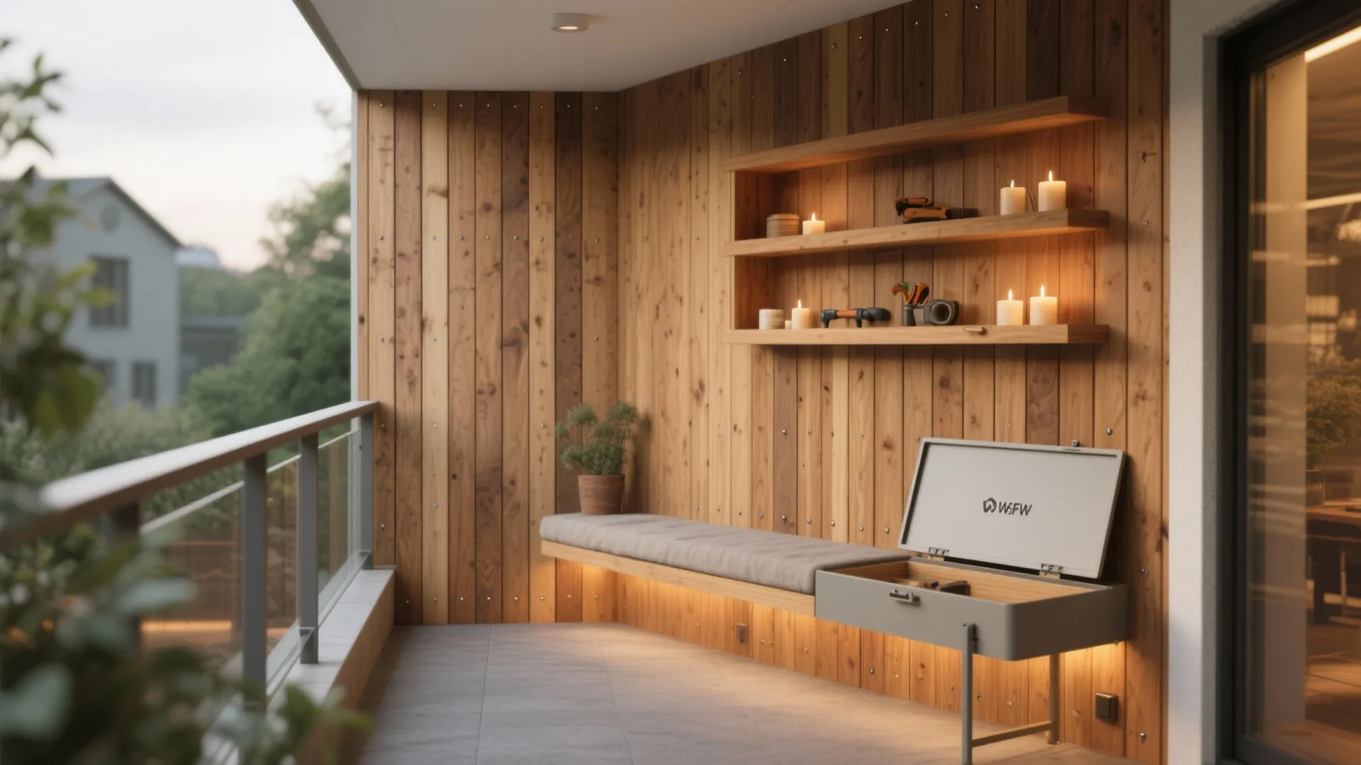 Modern balcony with wood wall panels, wooden shelves with candles, grey bench, and storage box