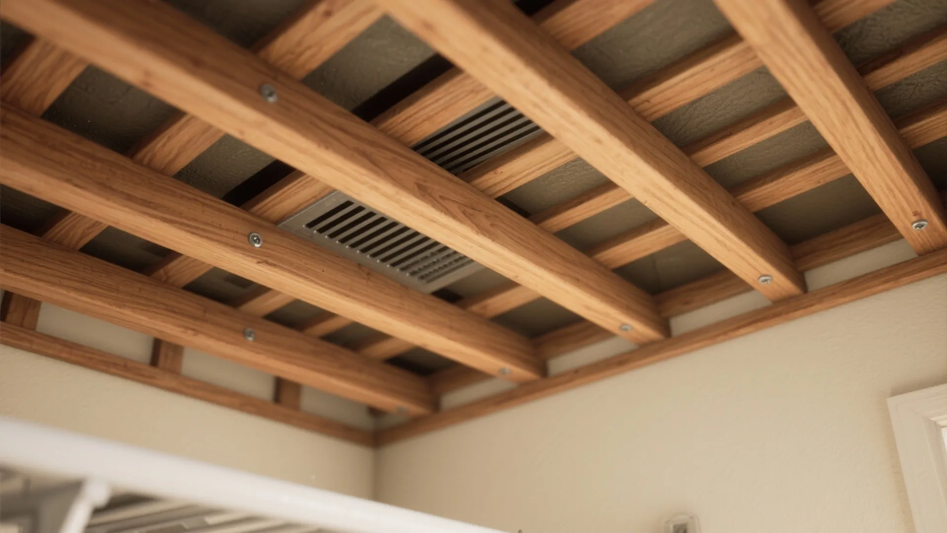 Close up of a wooden ceiling with a grid of beams and a metal vent