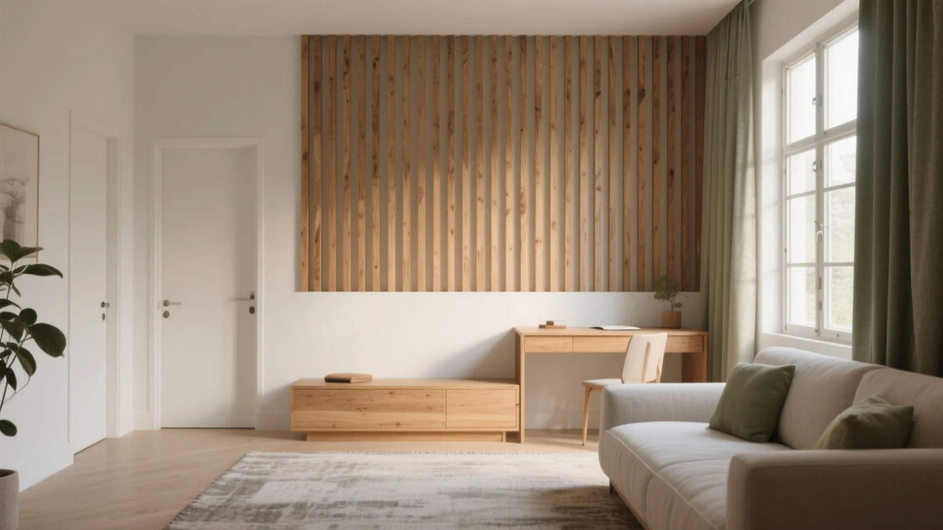 Modern home office with wood wall panel plus wooden desk and white sofa near large windows