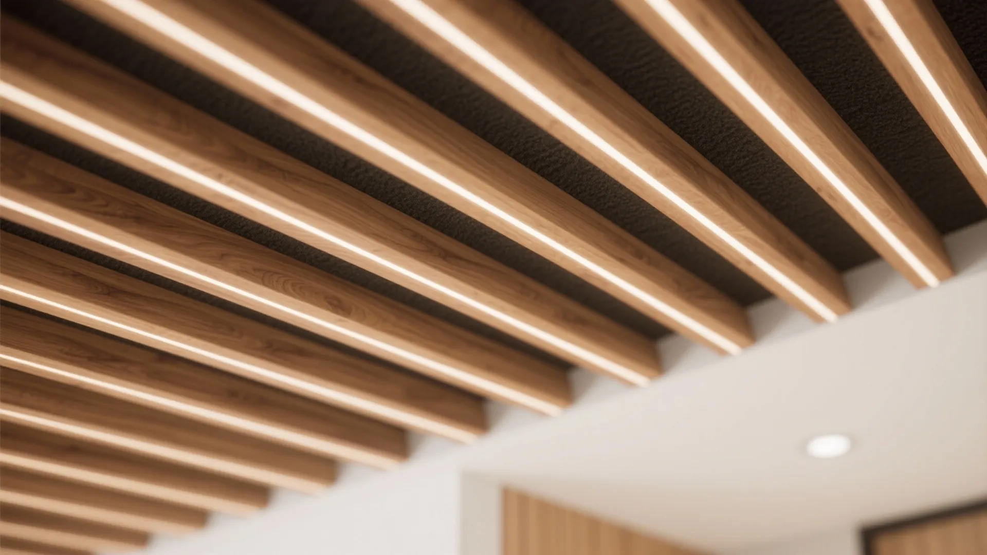 Modern interior design drawing showing wooden ceiling slats with bright light strips and dark paneling