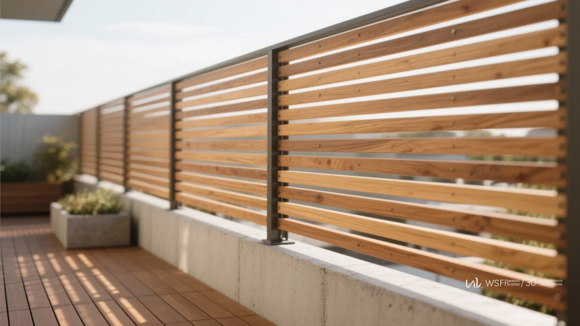 Warm wood tones and slatted privacy screens