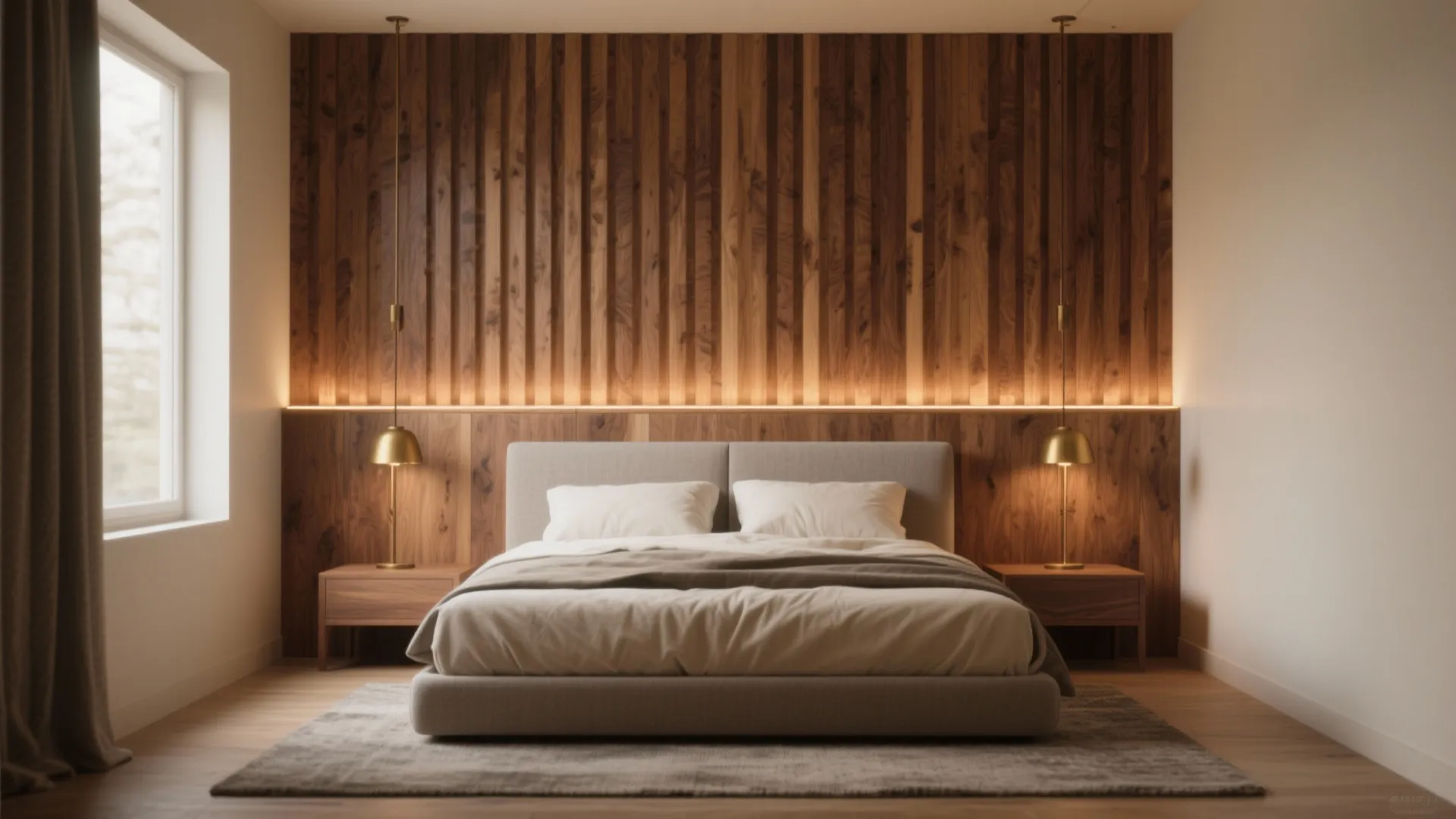 Modern bedroom with vertical wood wall paneling behind a grey bed and two gold lamps