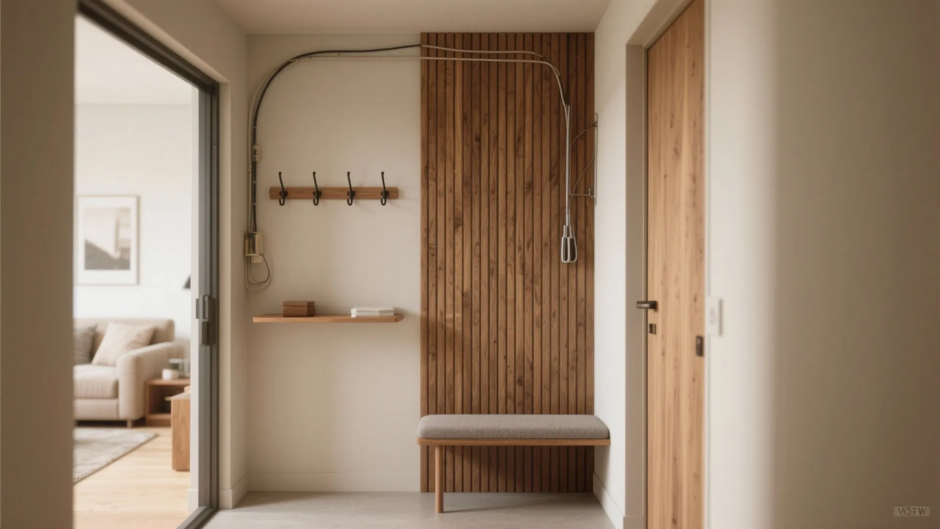 Modern entryway with wood wall panel small bench coat hooks and view of living room