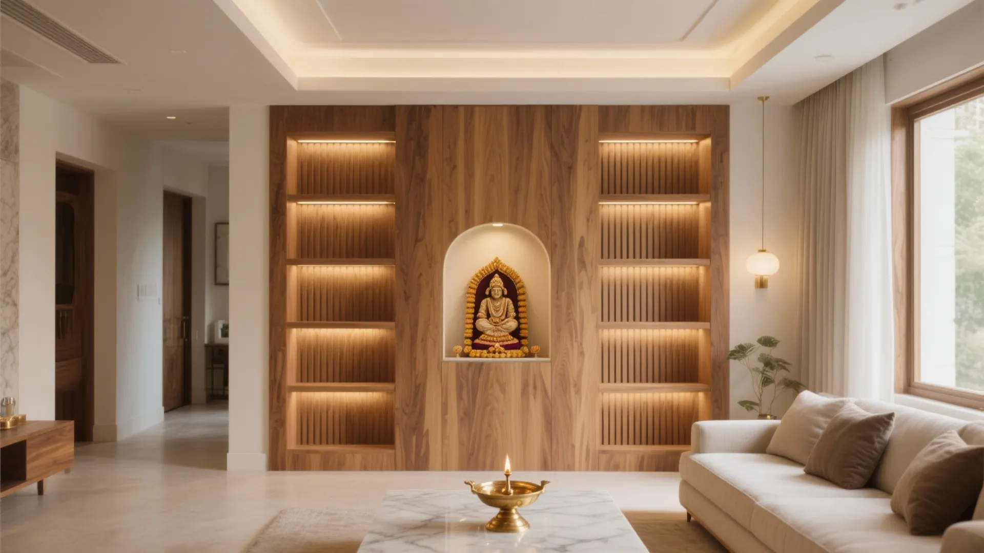 Wood Slat Coffered Ceiling for Warmth and Acoustics