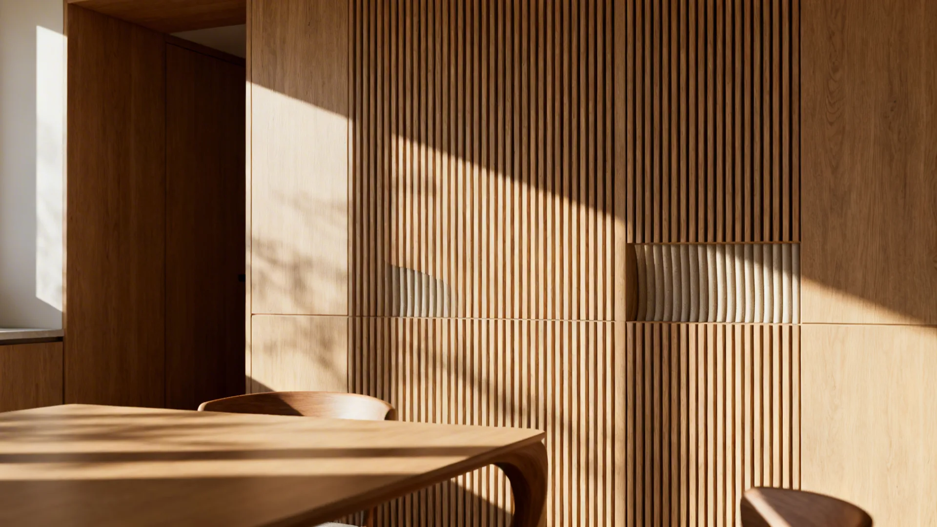 Textured accent wall with thin vertical wood slats adding warmth and acoustic benefit in a dining area.