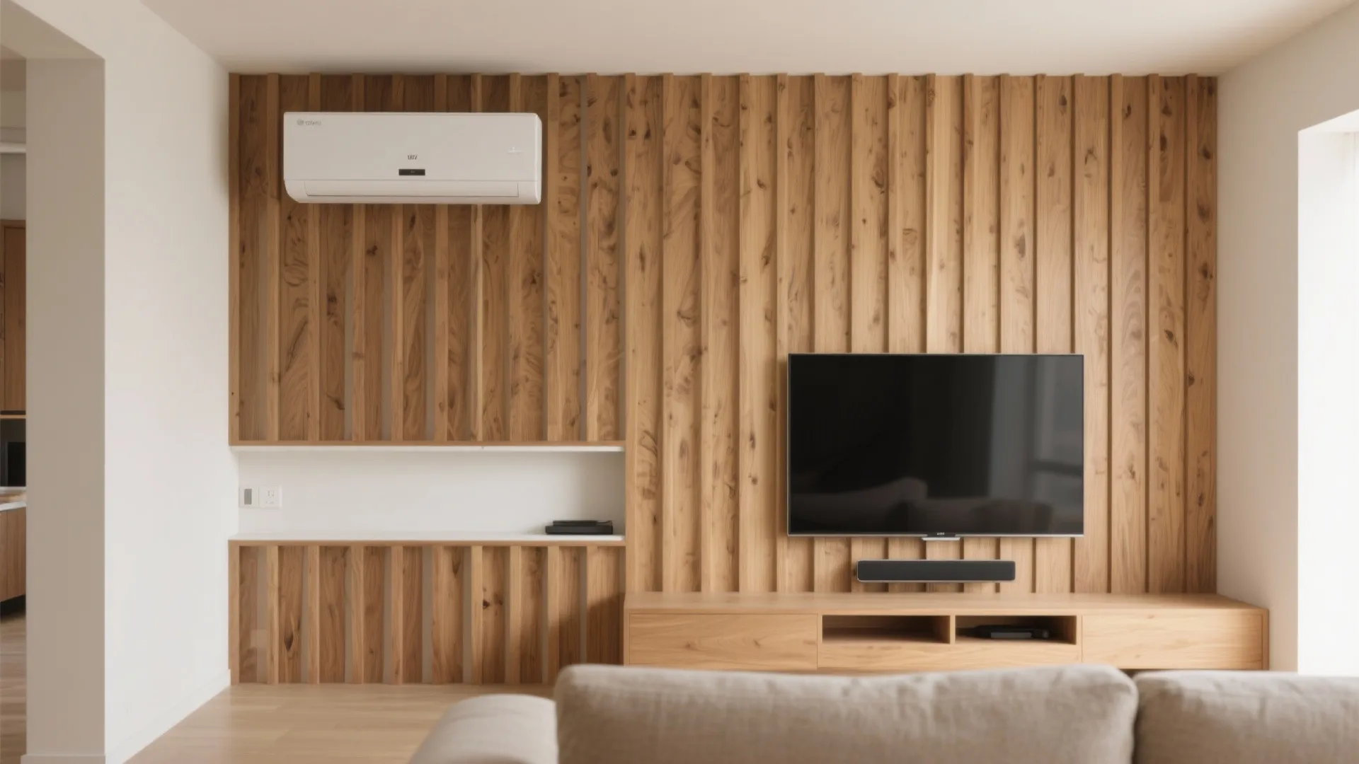 Modern living room with wood wall panels air conditioner television and light wood storage cabinet