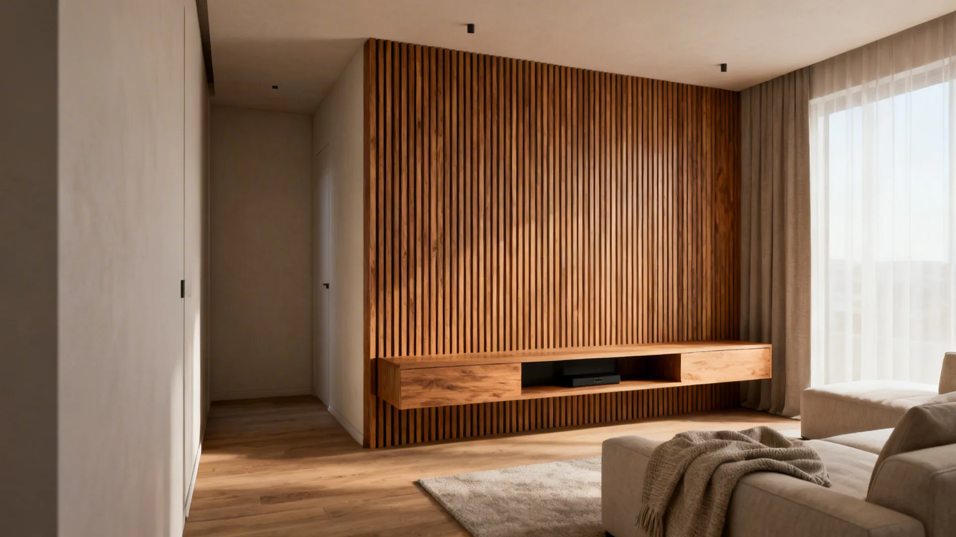 Small living room with vertical oak wood slats behind a floating media console