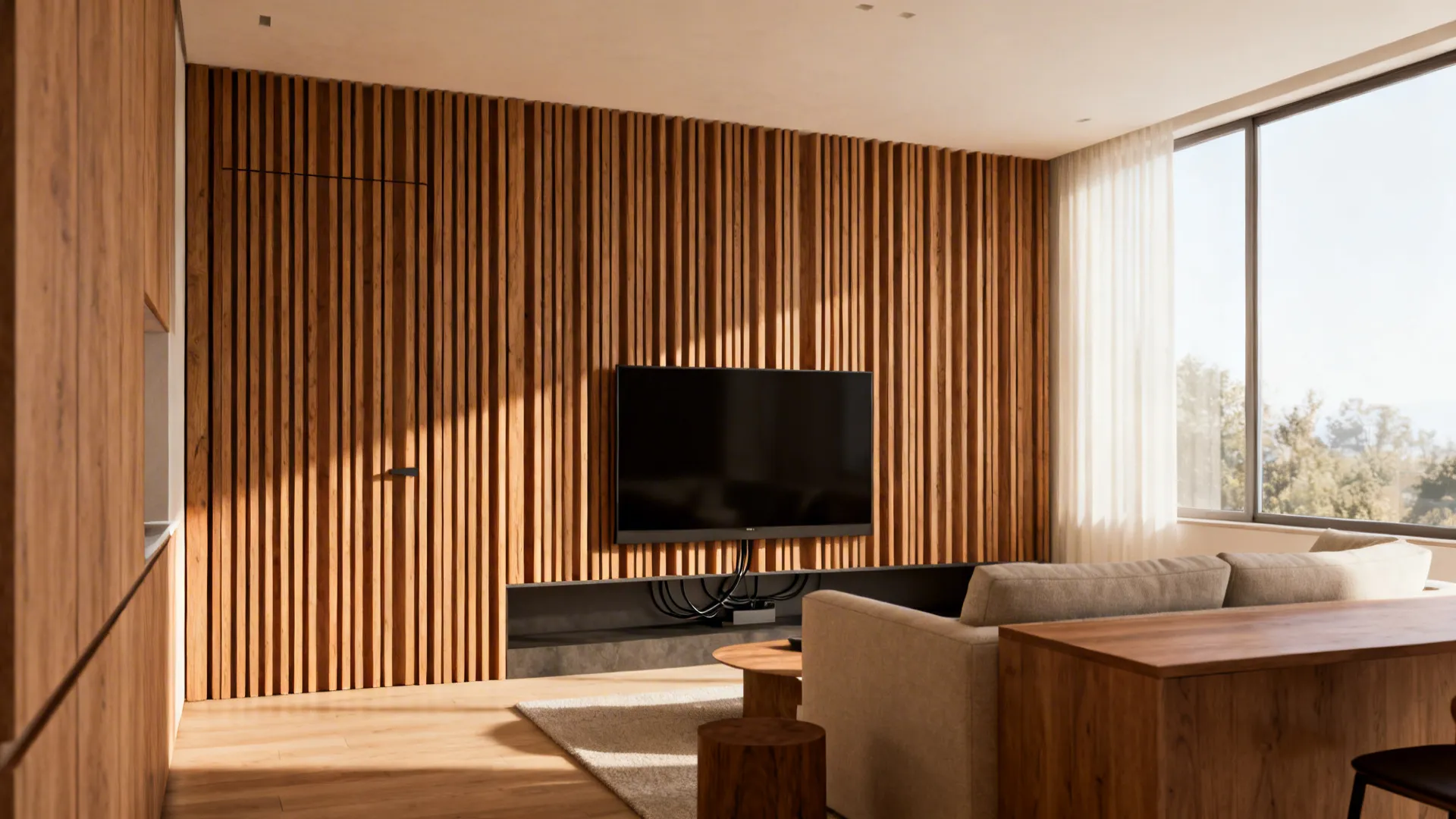Modern living room with a wood wall panel mounted television and a beige fabric sofa