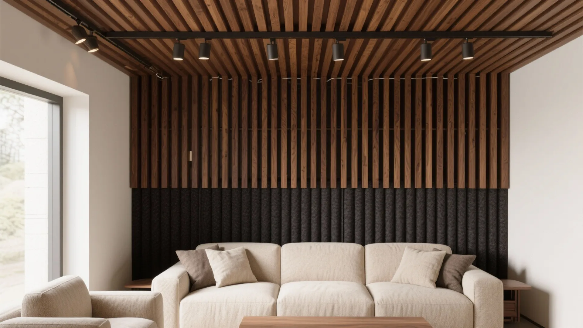 Living room with cream sofa and wood slat wall and ceiling with black track lights