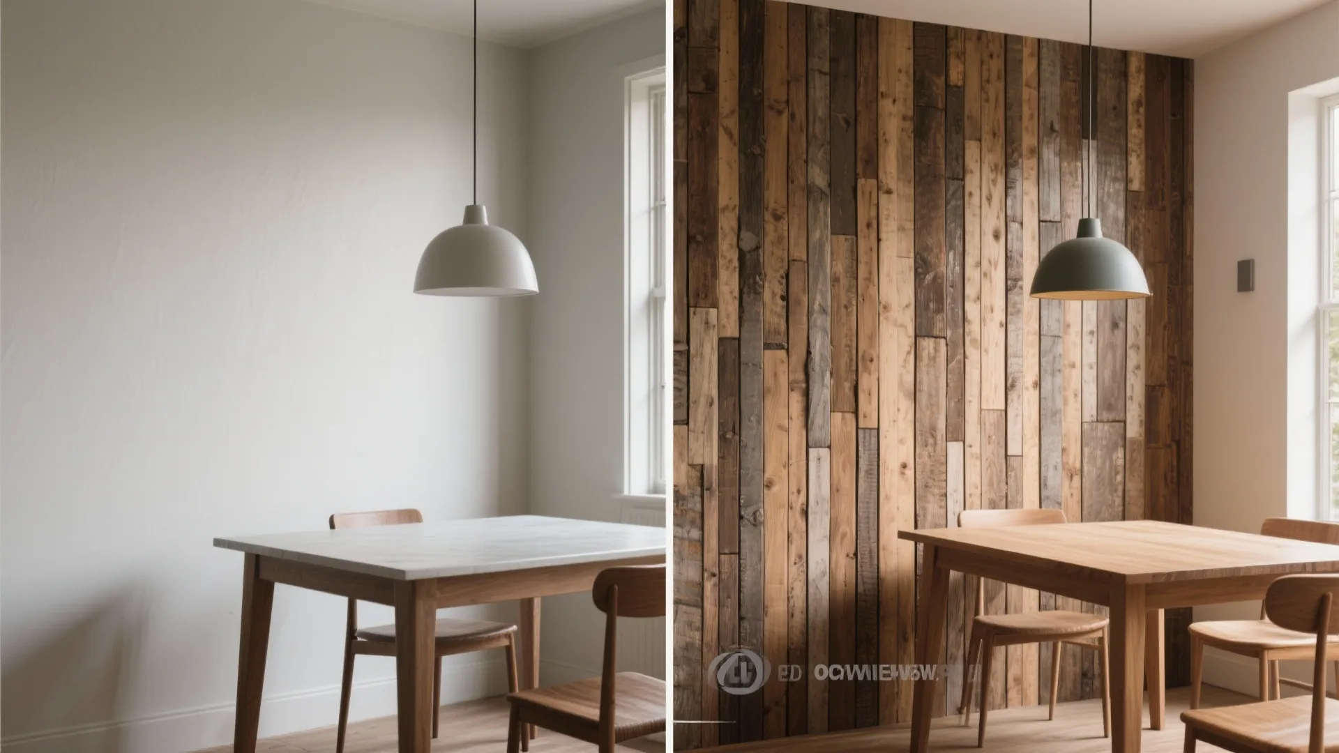 Before-and-after of a dining wall converted from plain paint to vertical reclaimed wood slats, showing added warmth.