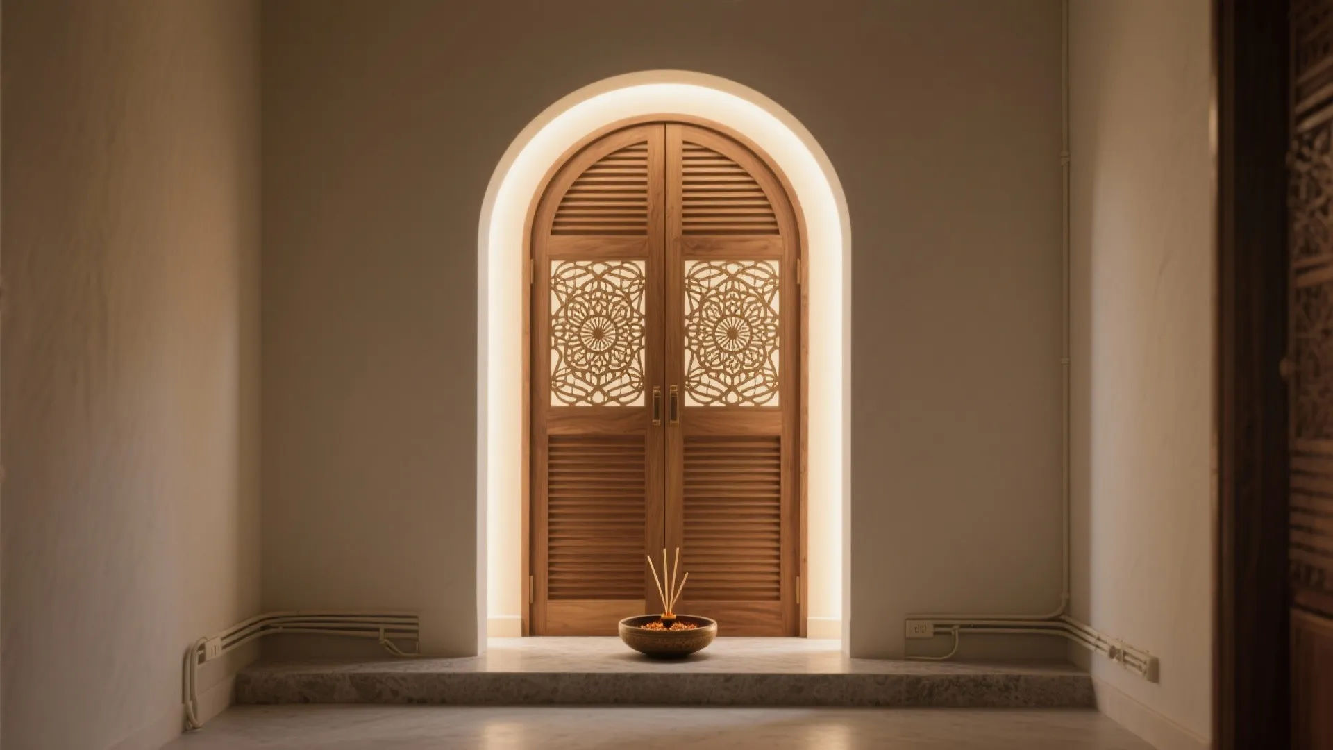 Wood slat pooja door with a warm backlit jaali panel creating a serene glow.