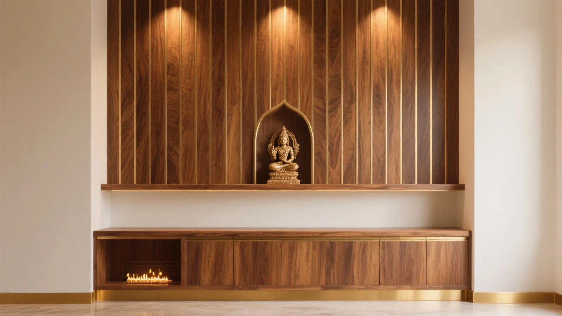 Warm wood slats with brass accents