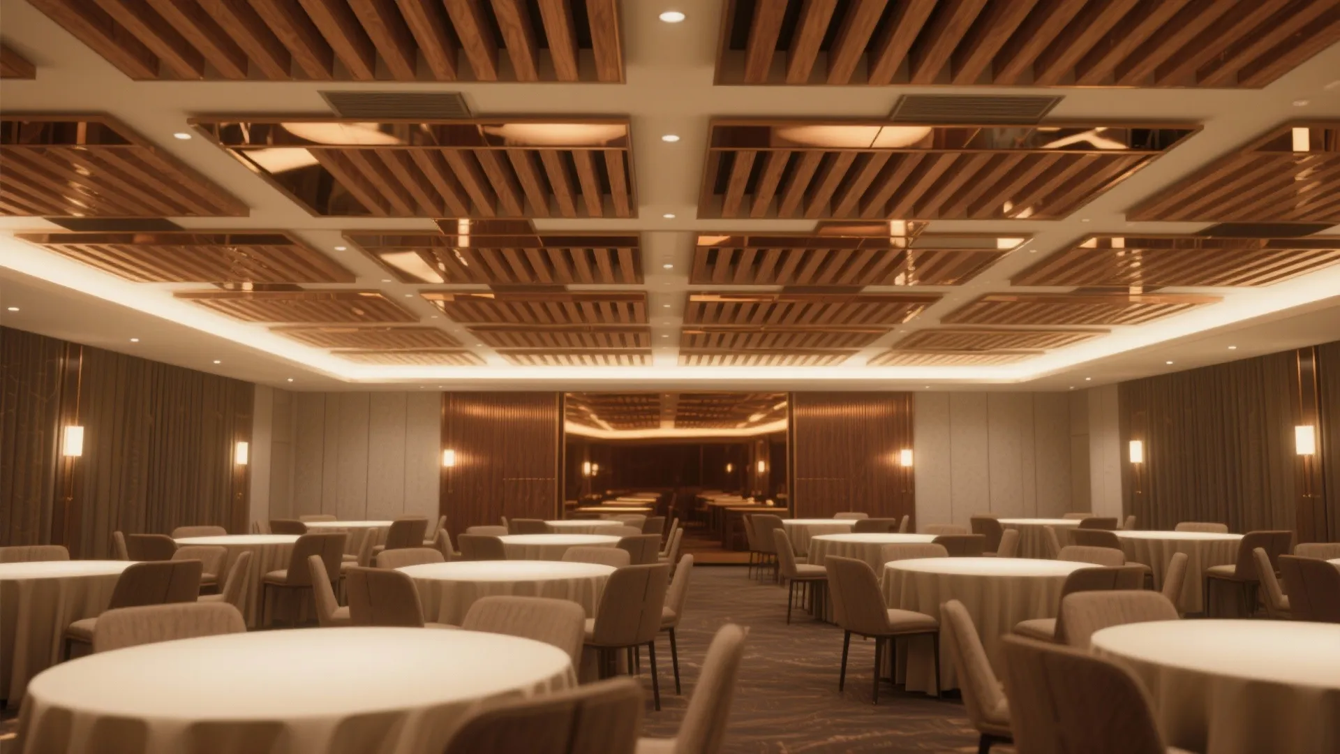 Large dining hall with round tables and brown chairs under a wooden slat ceiling design