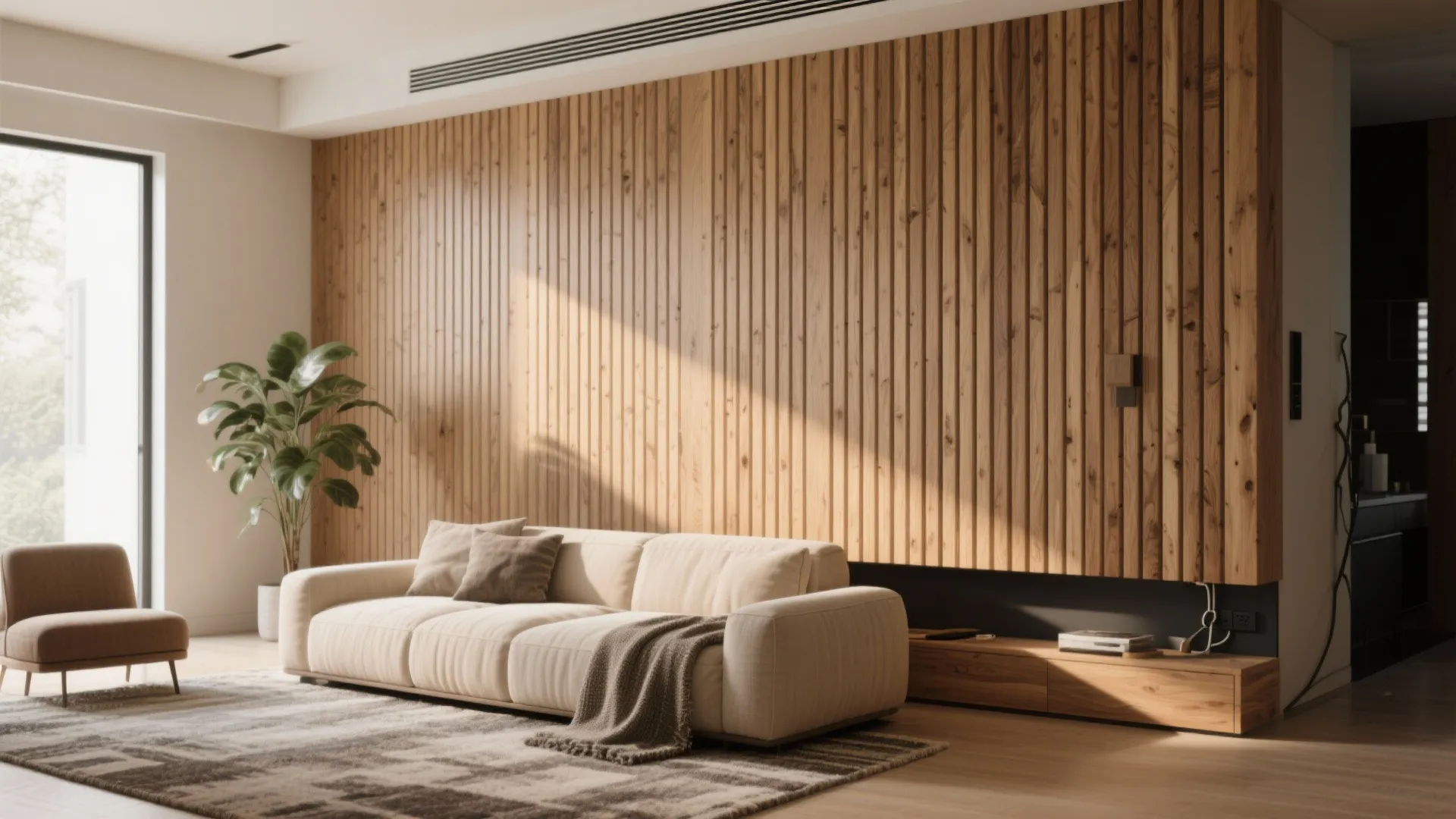 Modern living room with beige sofa against a wooden wall panel and a green plant