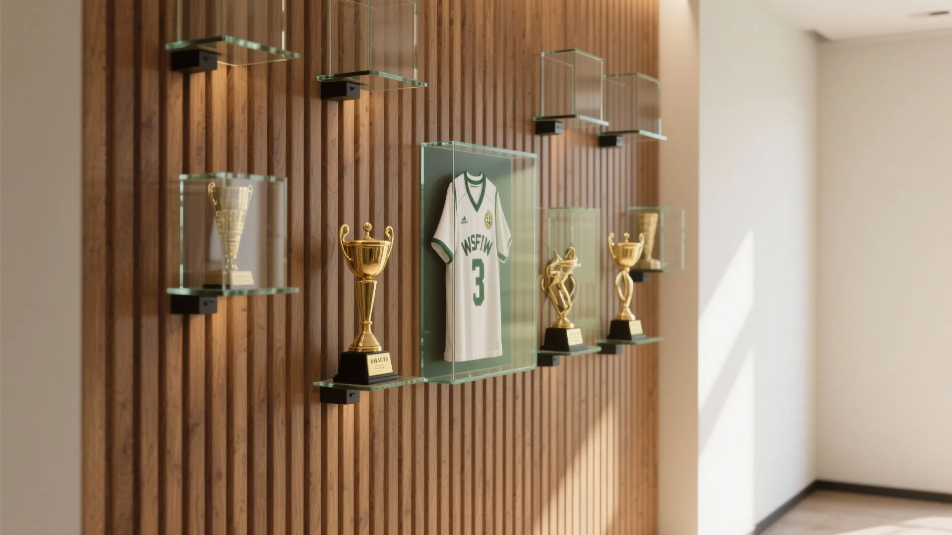 Vertical wood wall panel with glass shelves displaying gold trophies and a framed sports jersey