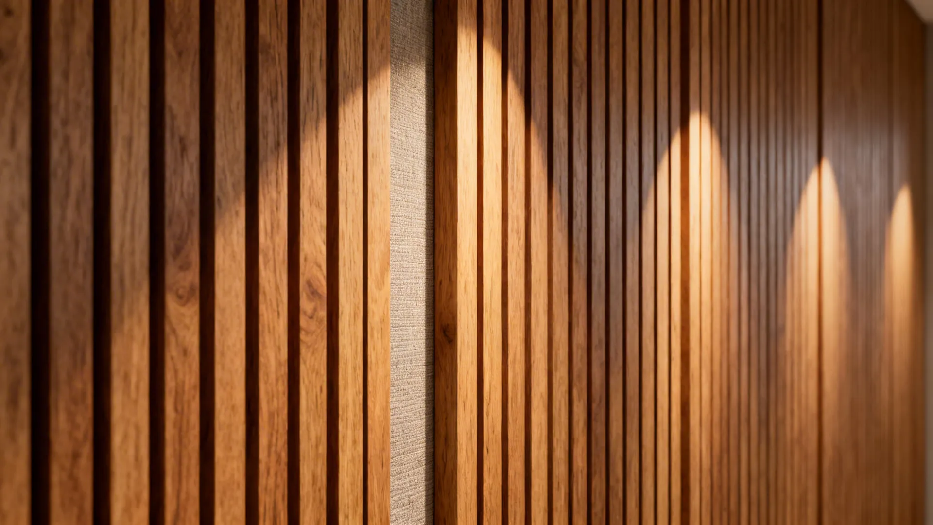 Detailed view of vertical wood slats and textured wall panels with warm light and deep shadows.