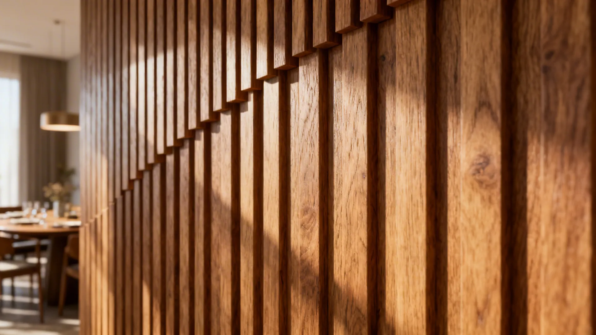 Close-up of staggered wood slats showing warm oak grain and texture.