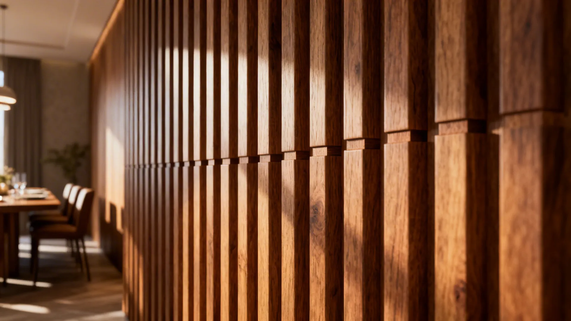 Close-up of fluted wood slat paneling showing warm grain and textured shadows.