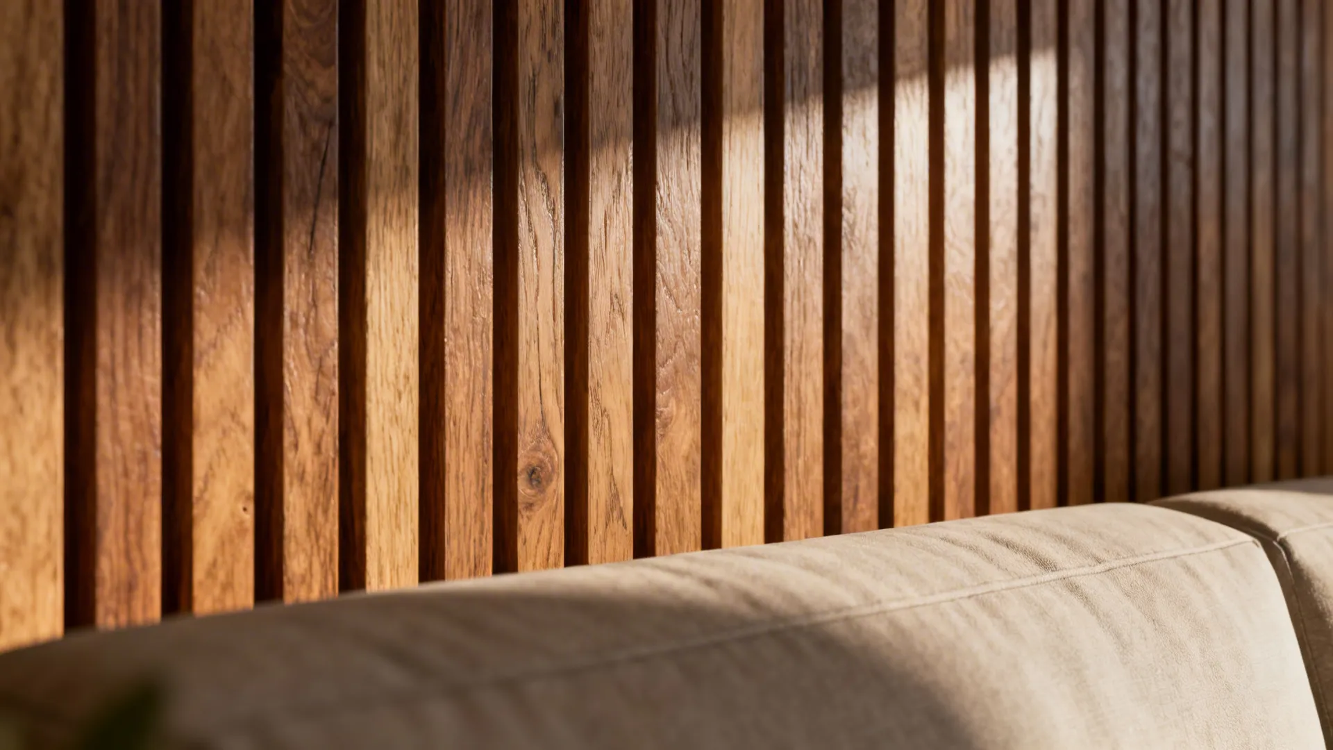 Close-up of vertical wood slats creating tactile depth on a living room accent wall.