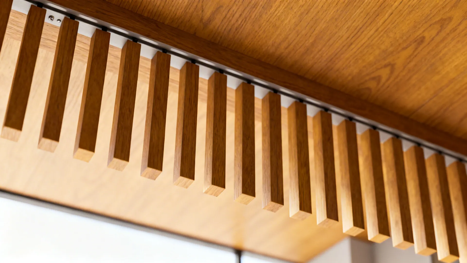 Close-up of suspended wooden slats showing grain and mounting details.