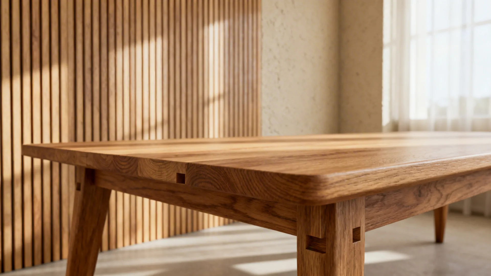 Close-up of thin oak wood slats on a dining room wall showing warm grain and texture.