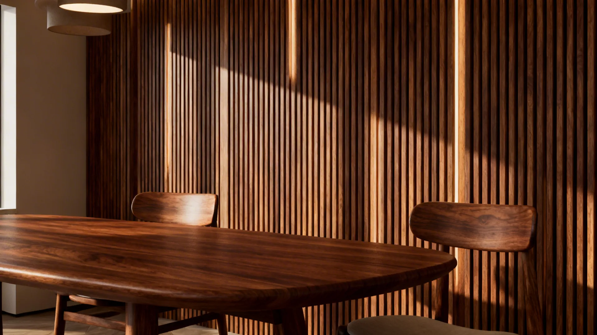 Dining area with vertical walnut wood slats creating warmth and texture behind the table