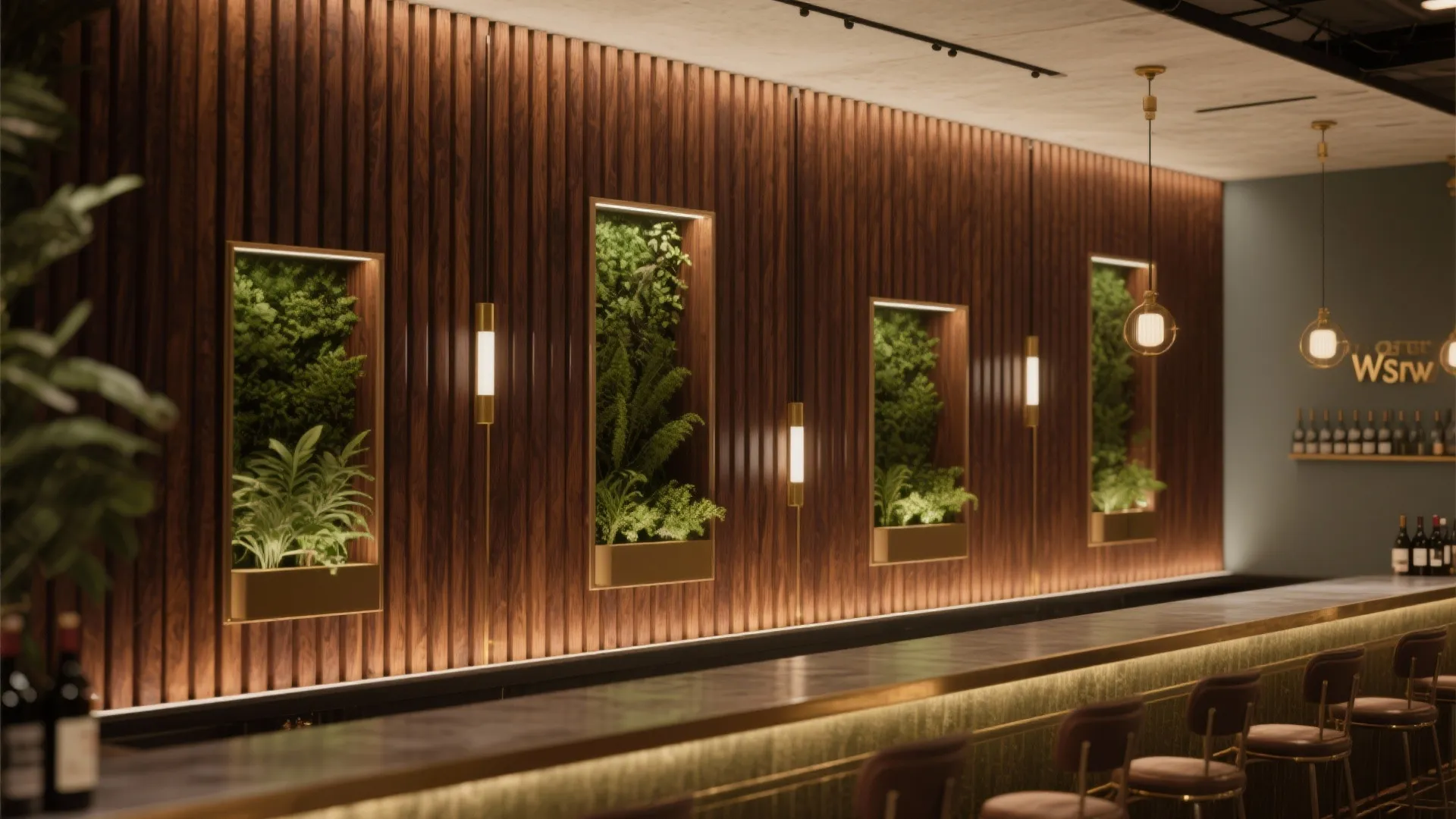 Wood slats and greenery for warmth and rhythm