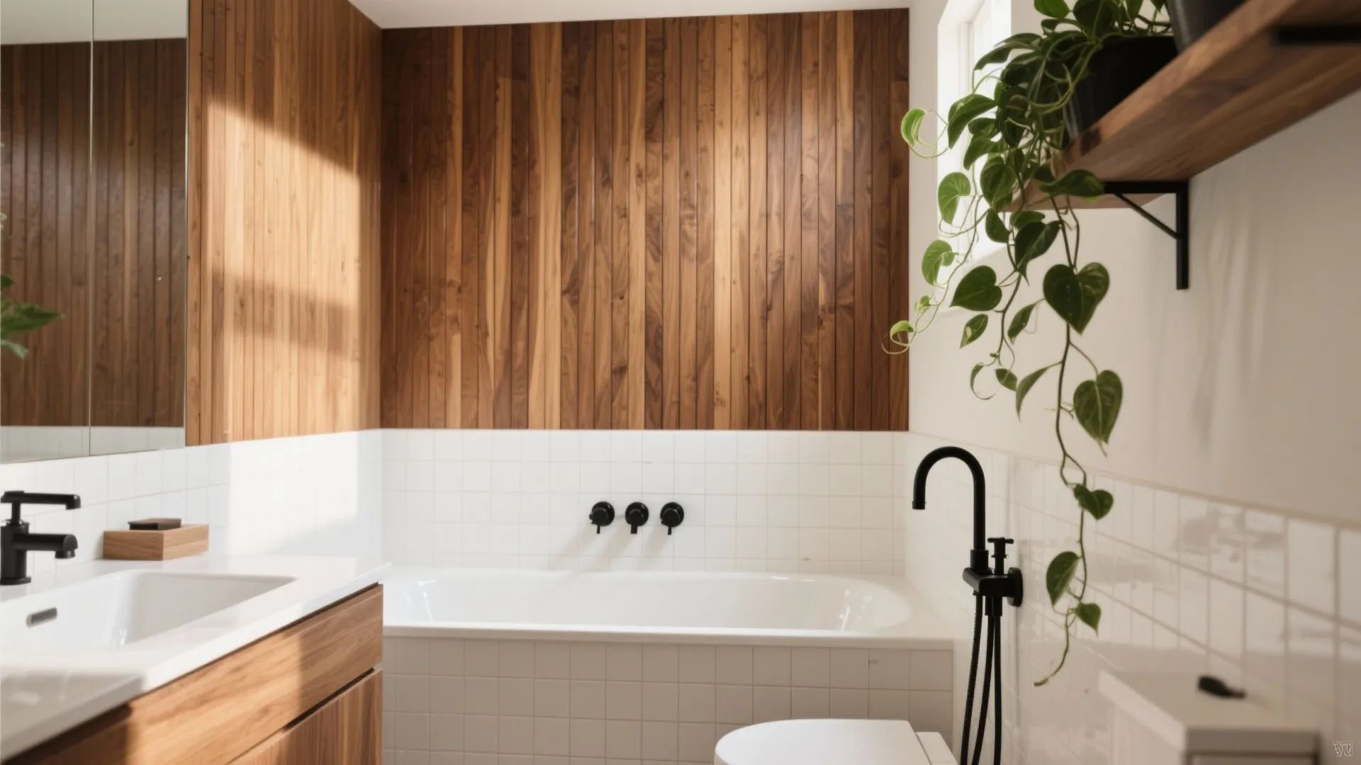 Warm Woods and Greenery: Slatted Panels, Teak Accents, and Living Touches