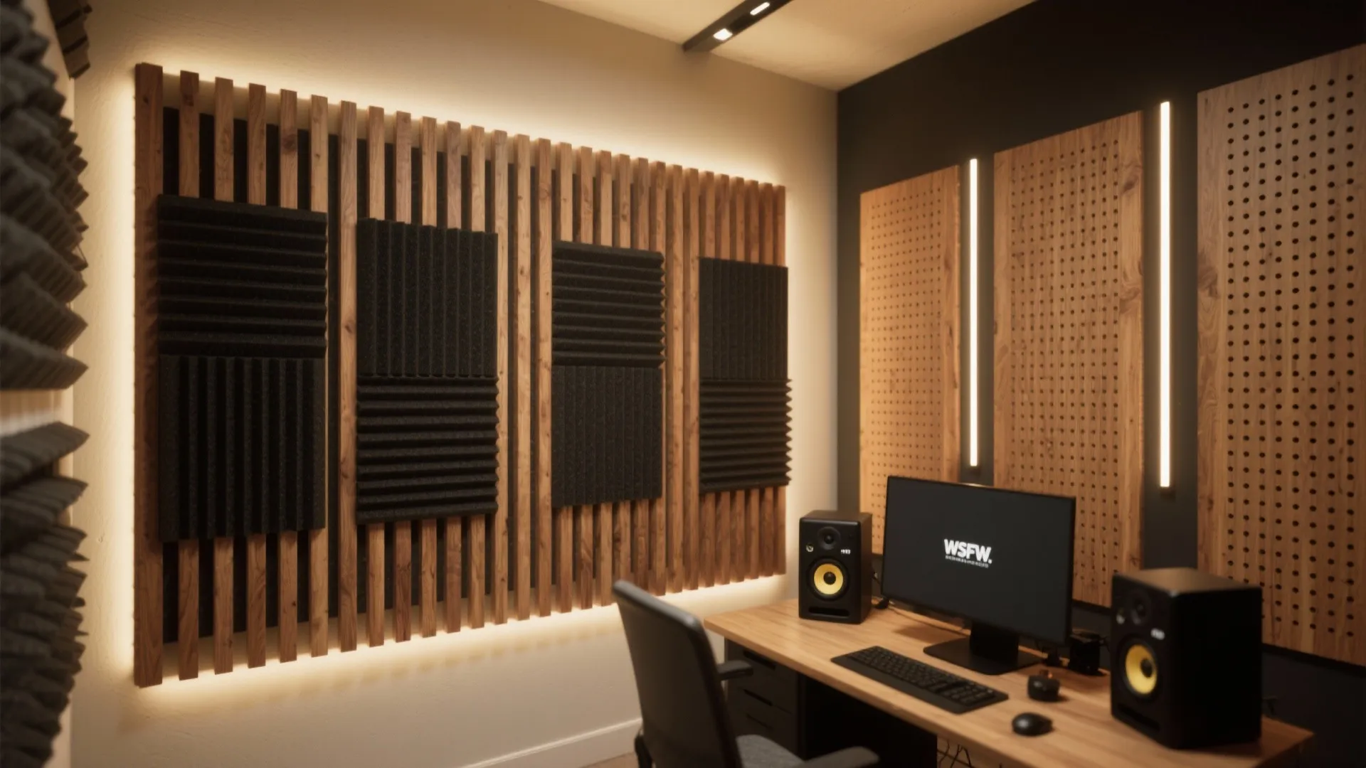 Feature wall with oak slats over black felt and warm linear LEDs, paired with perforated acoustic panels.