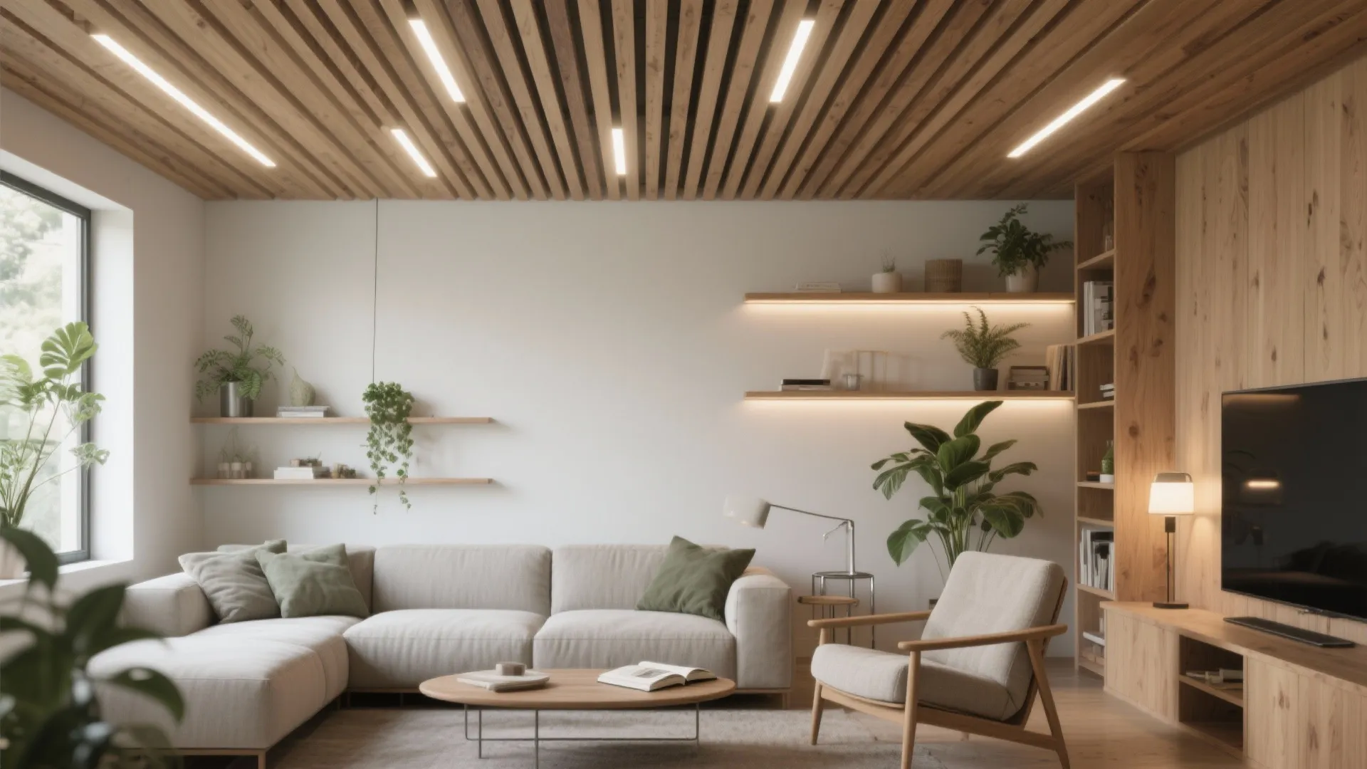 Warm Wood Slats With Linear Lights