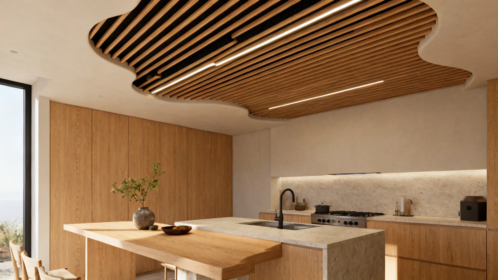 Small kitchen with oak slatted ceiling cloud and integrated linear LED.