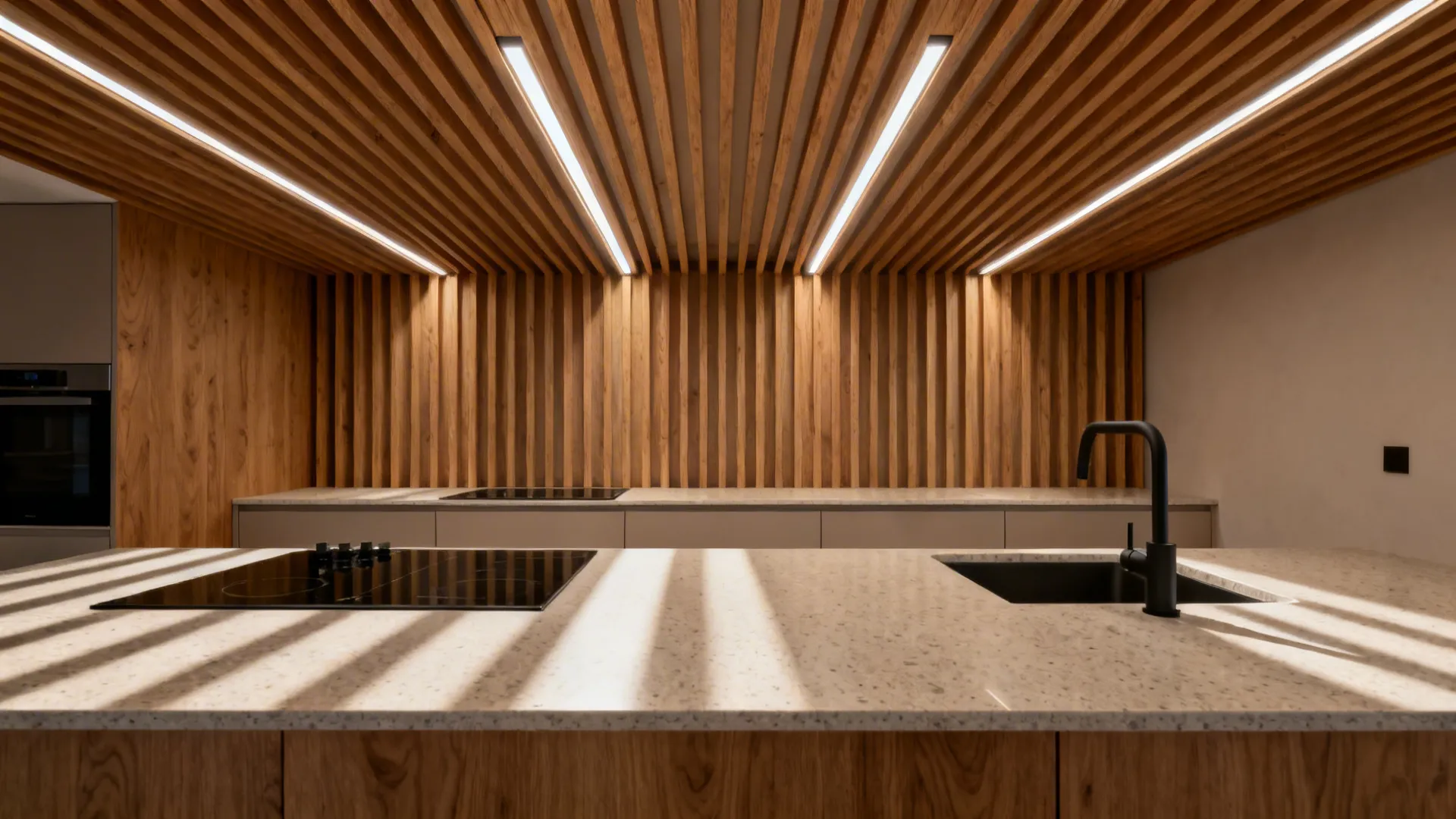 3) Warm wood slats with integrated linear task lights