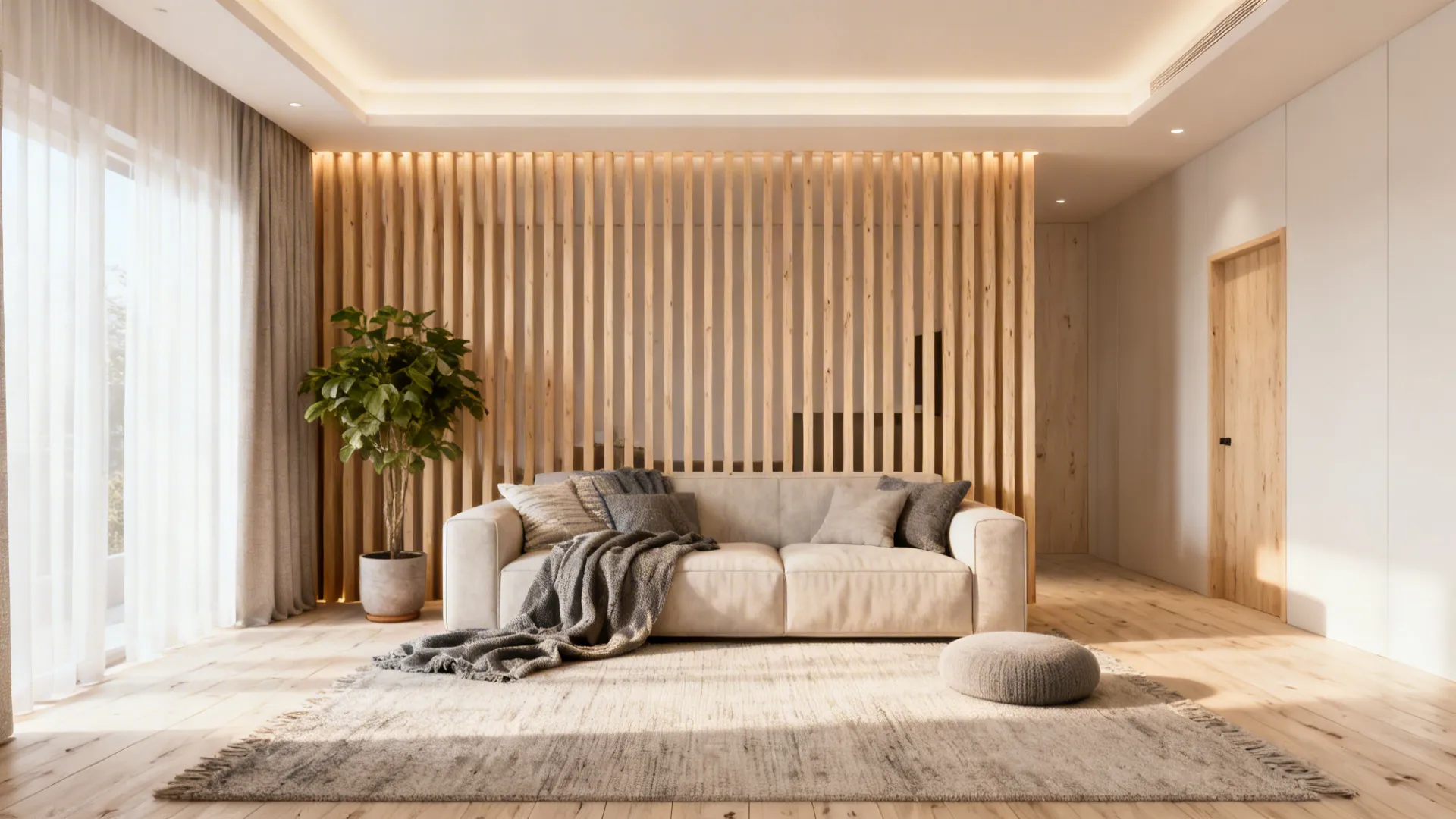 Small living room with vertical light oak slats behind the sofa creating height and warmth.