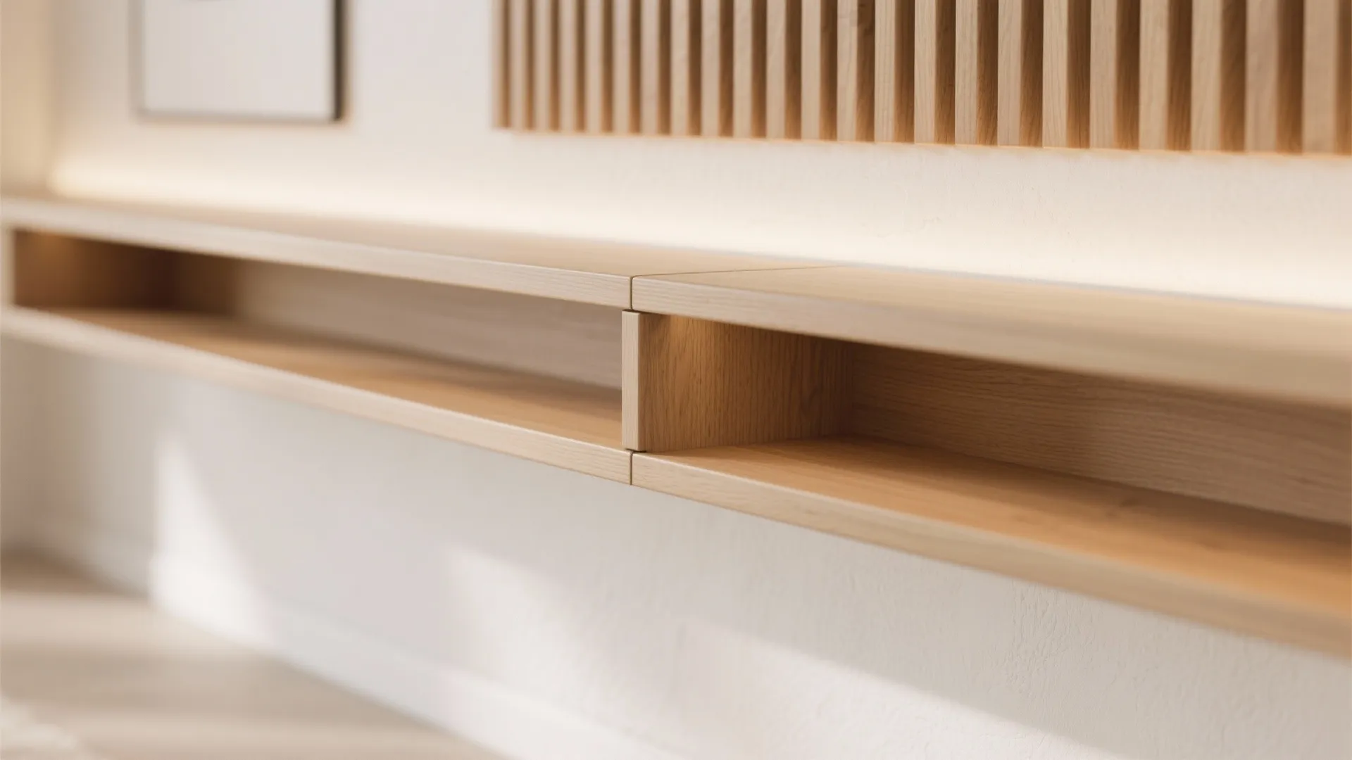 Close up view of horizontal wooden wall shelves and vertical wood panels with warm lighting