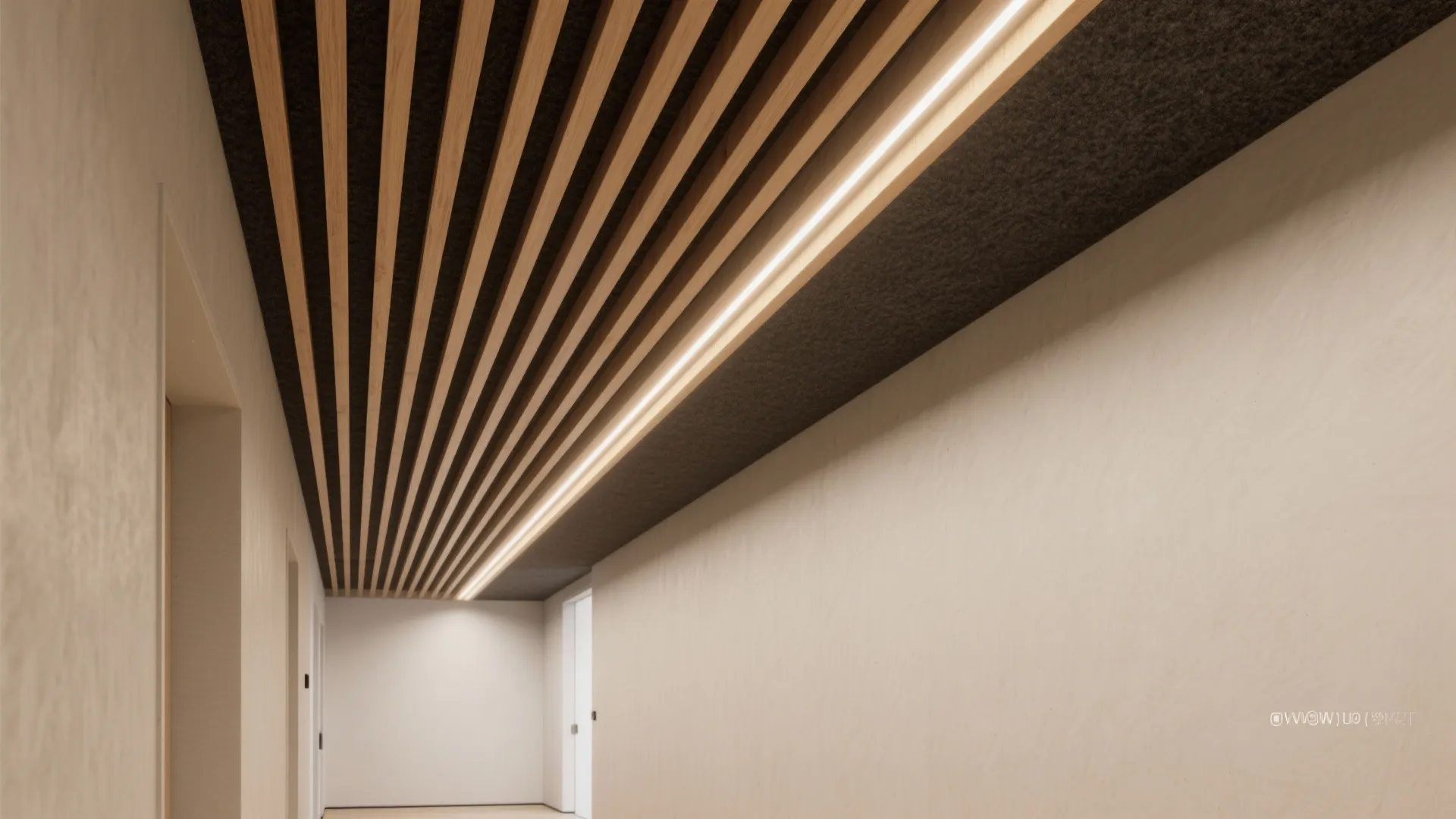 L-hall ceiling with warm wood slats transitioning to matte plaster for subtle zoning.