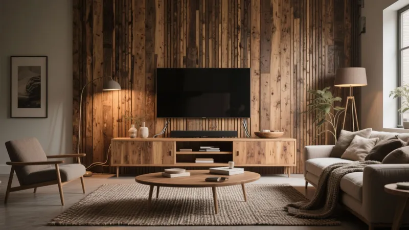 Warm Wood Accent Wall Living Room Design
