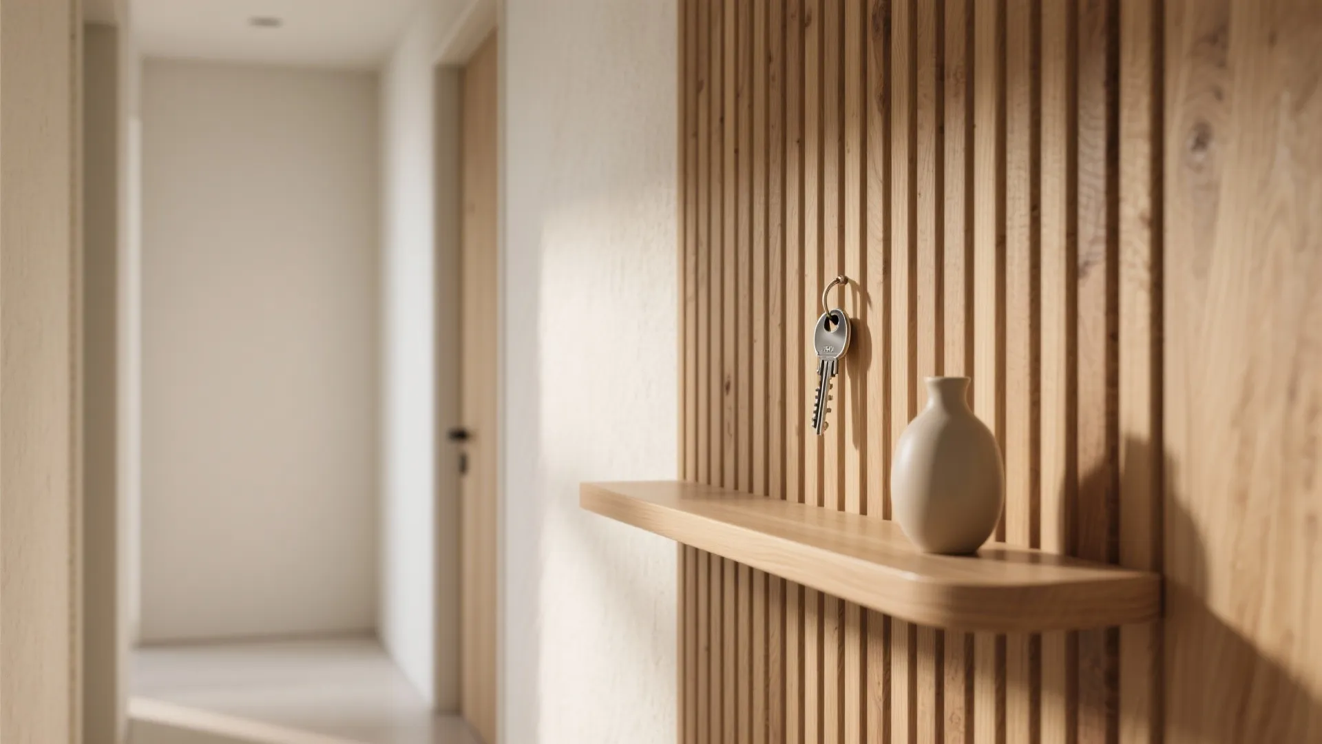 Wooden slat wall with small floating shelf holding white vase and house keys in hallway
