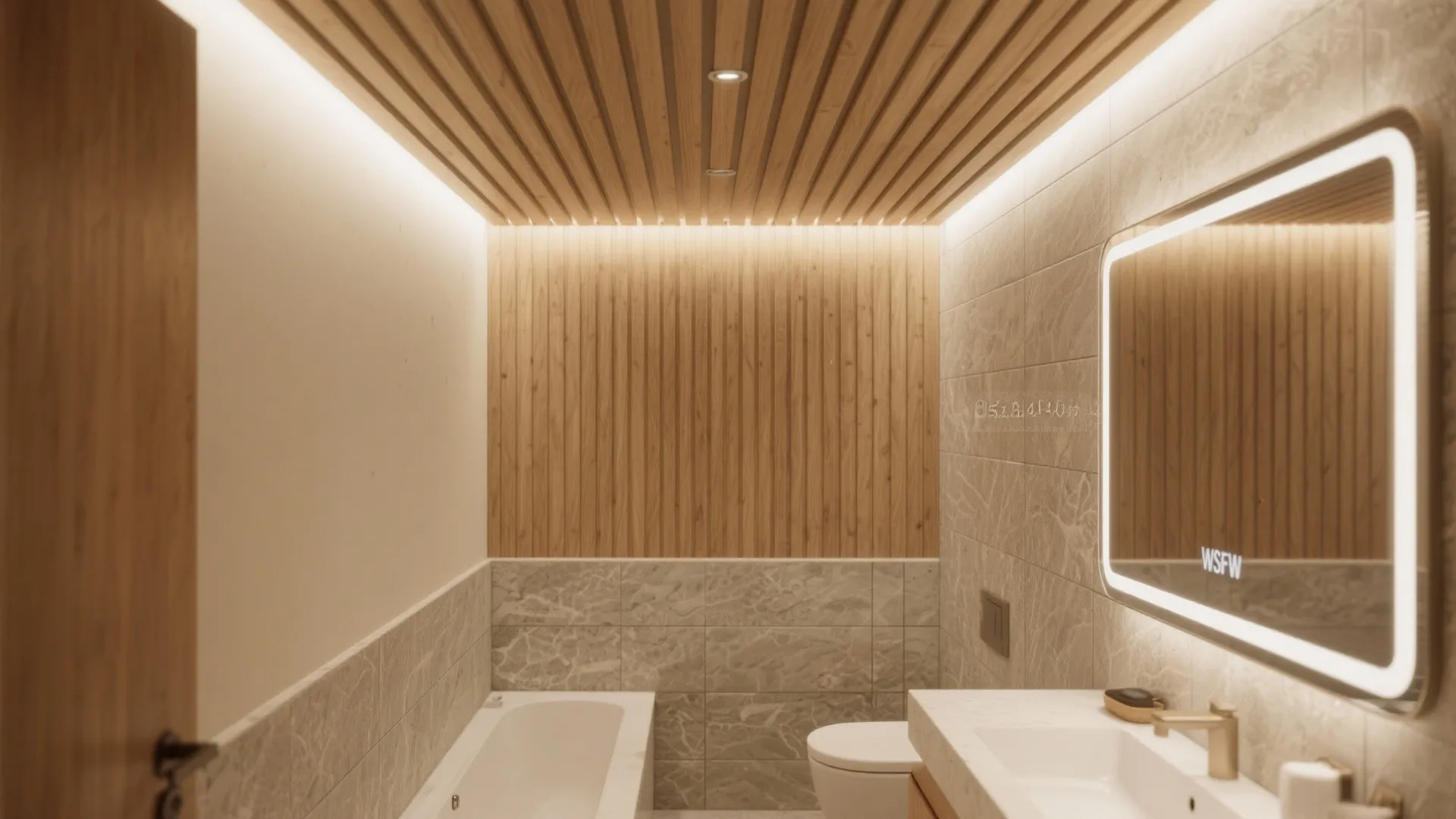 Warm bathroom interior with wood wall panels marble tiles bathtub and a glowing light mirror