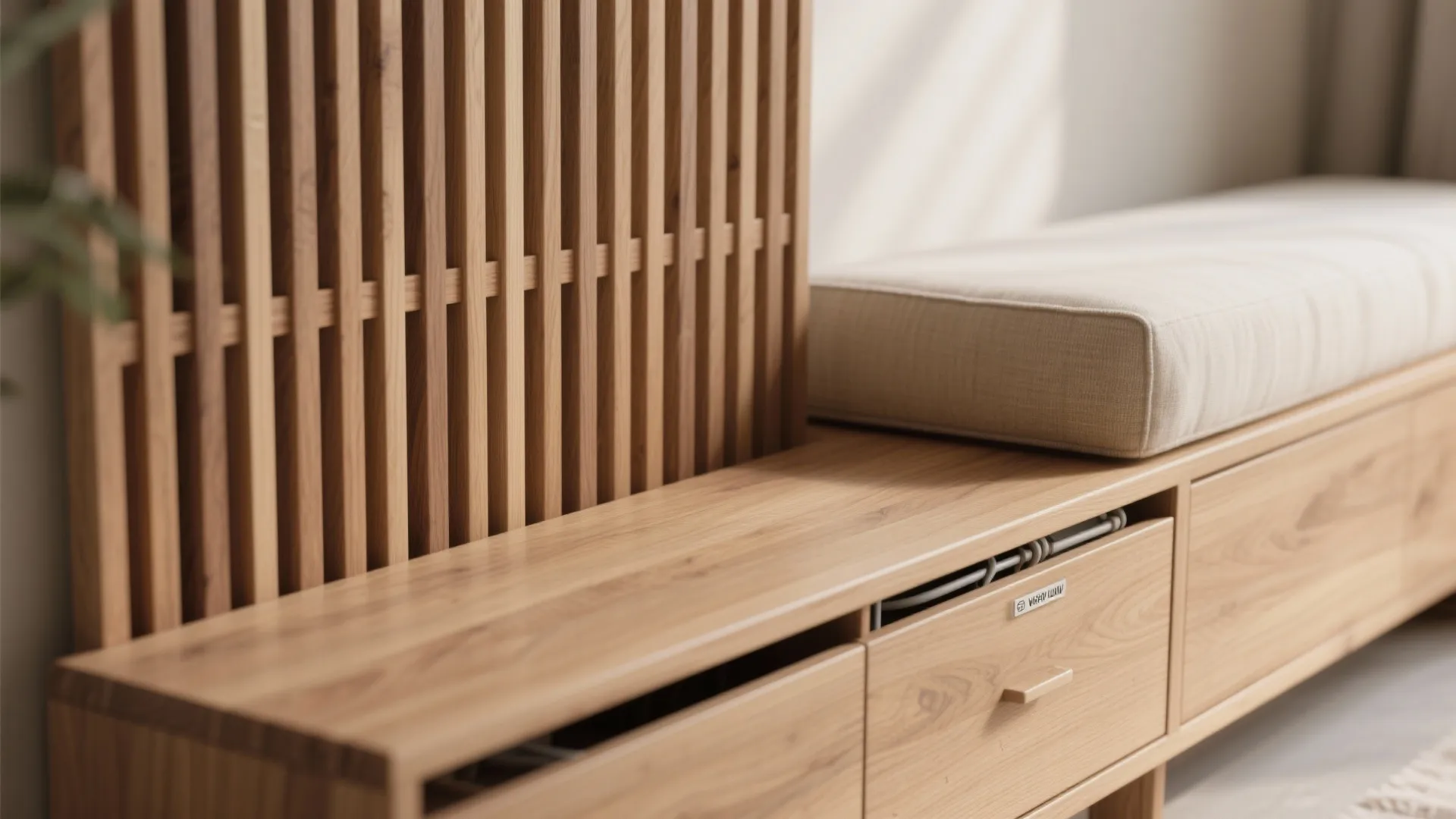Close up of wooden cabinet with wall panel slats and a beige seat cushion on top