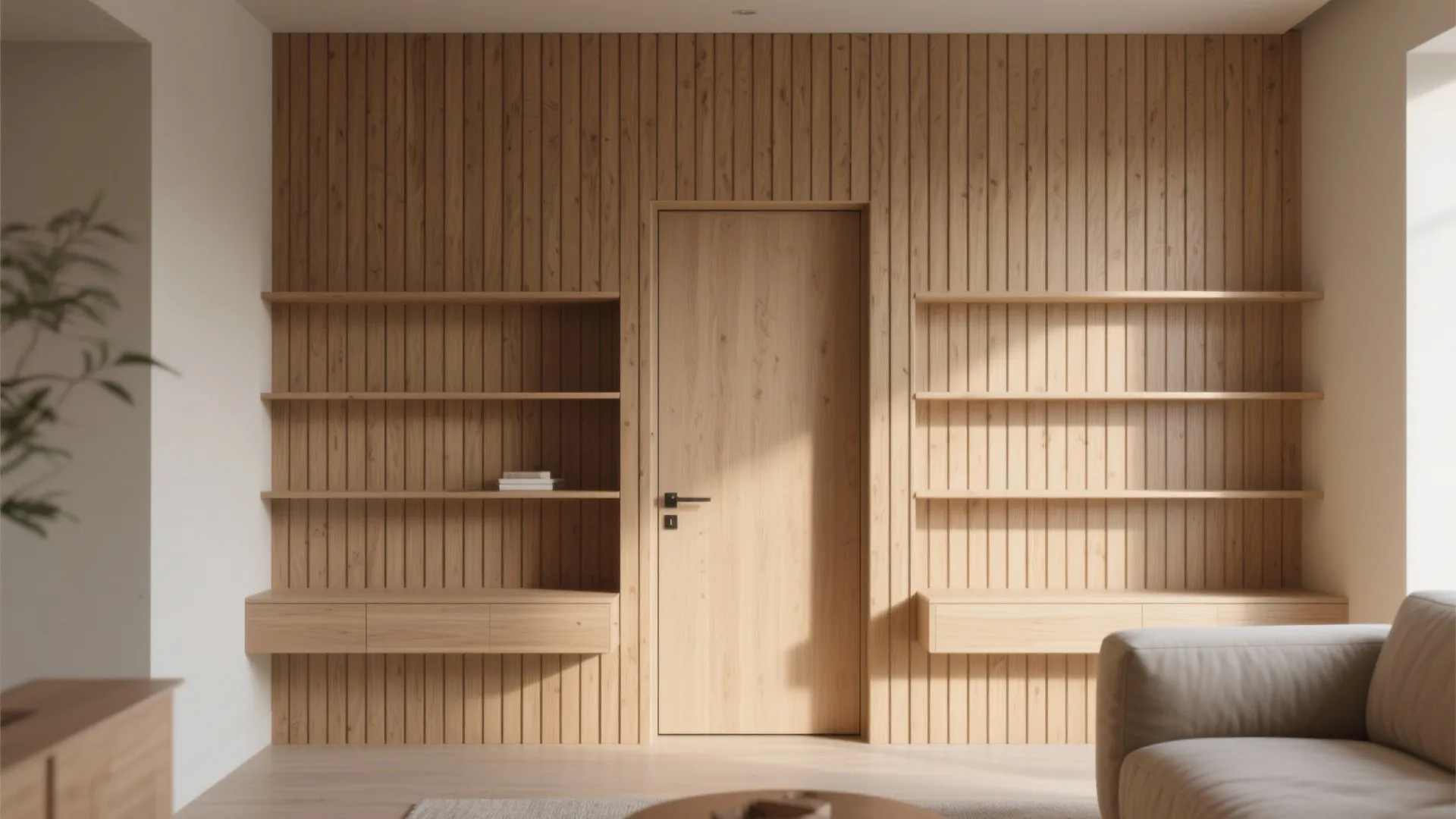 3. Vertical wood slats that hide storage