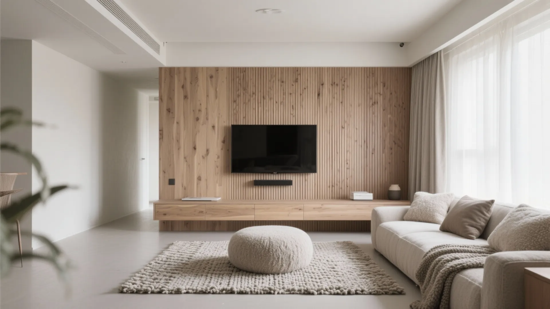 Warm wood accents with soft textiles